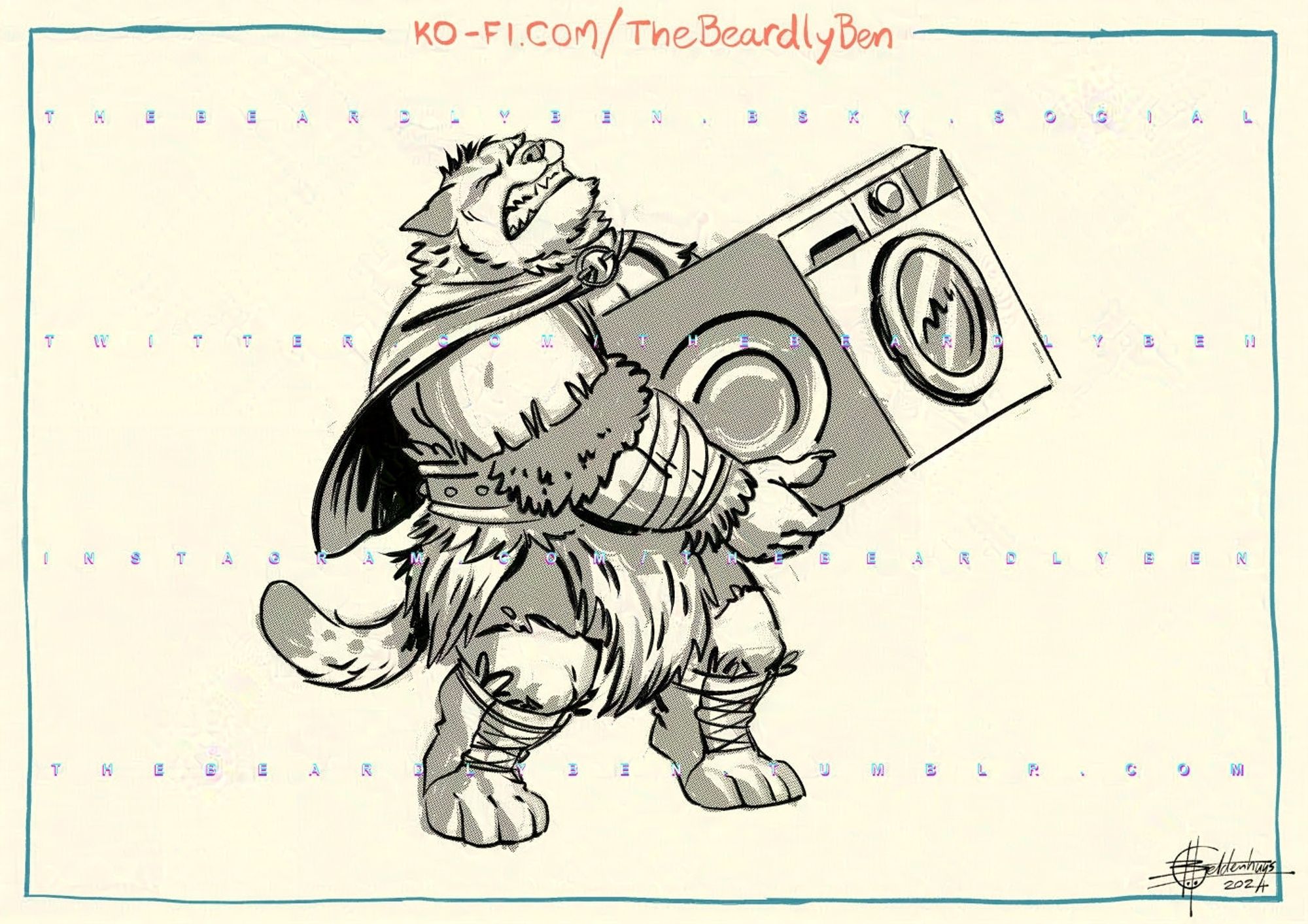 A doodle of a fat anthro cat barbarian wearing hide leathers carrying a tumble dryer.