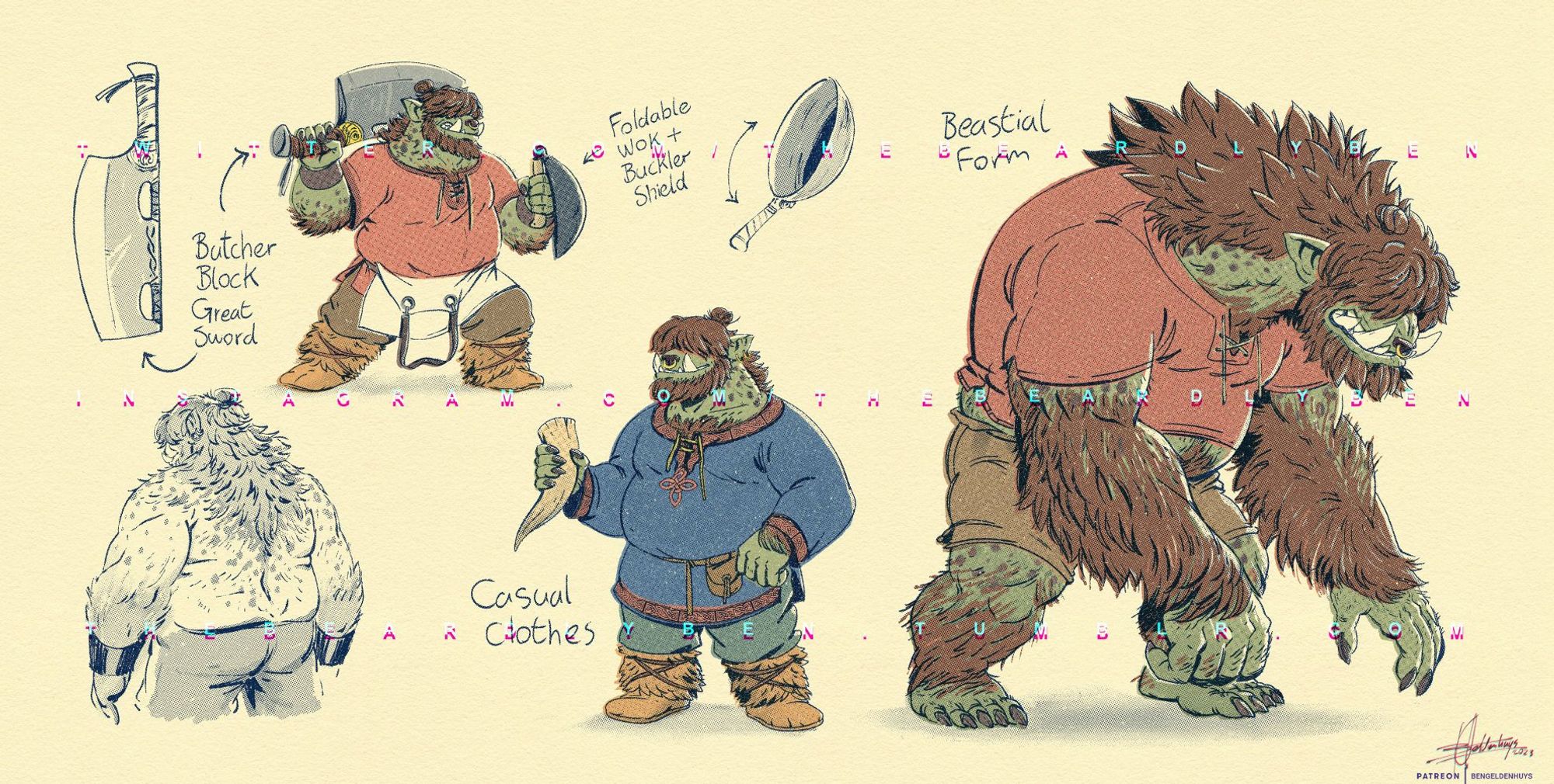 A bunch of sketches of Barny, a warrior chef half-orc/gnoll.