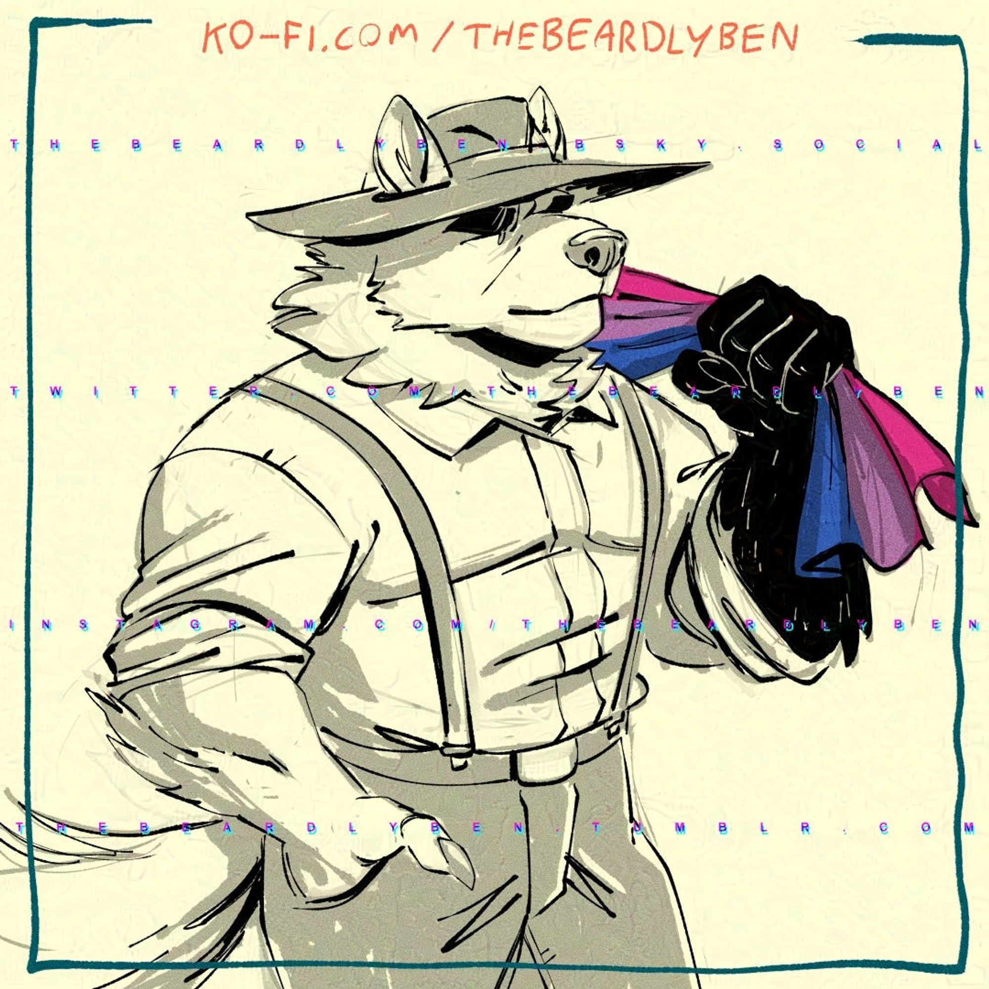 A doodle of a bear/wolf hybrid in a button up shirt and suspenders and a wide brim hat, holding a bisexual pride coloured cloth over his left shoulder.