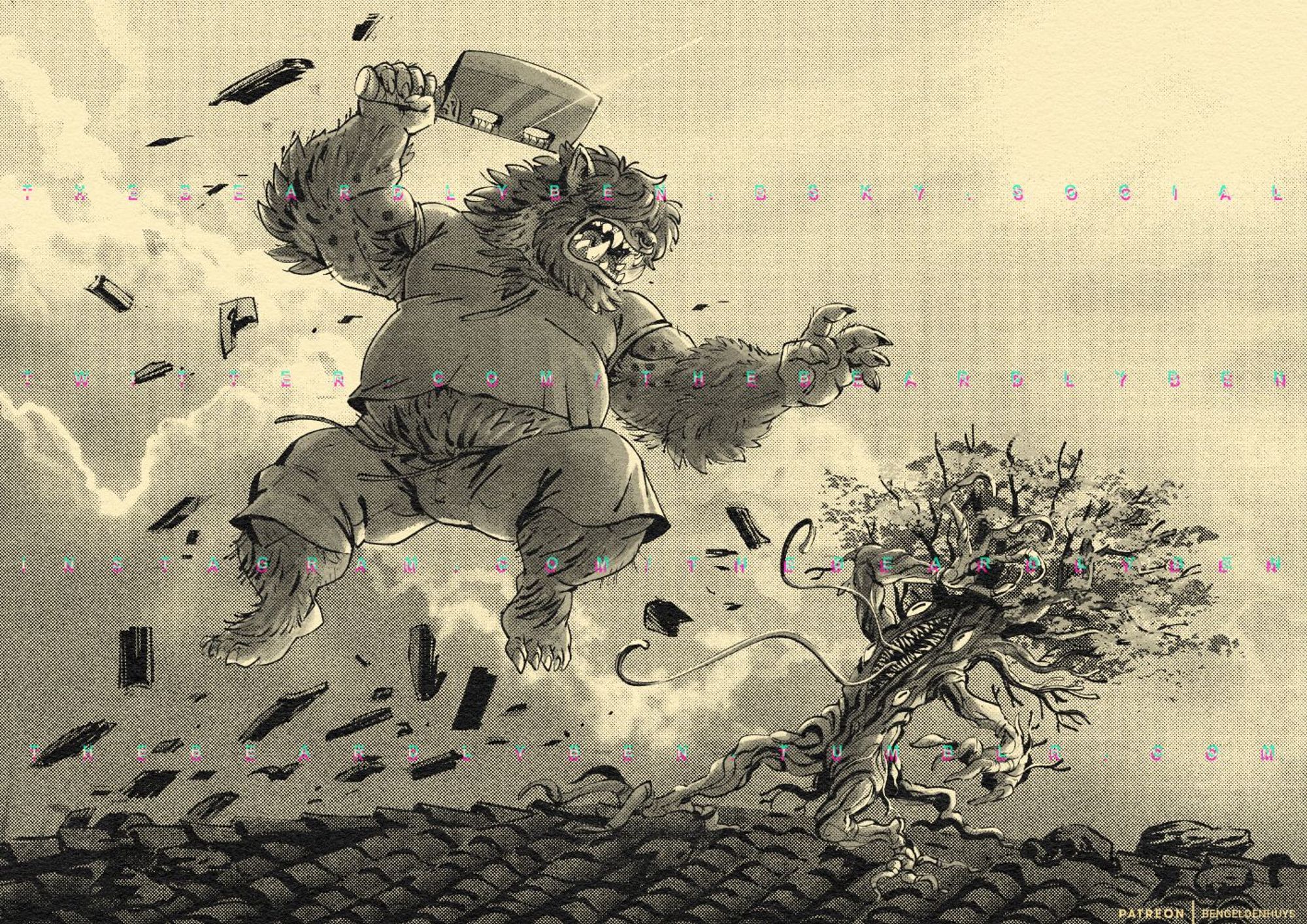 A monochrome illustration of a half orc/gnoll leaping with his greatsword about to slay a corpse spriggan on top of a church roof with a dramatic cloud break in the background.