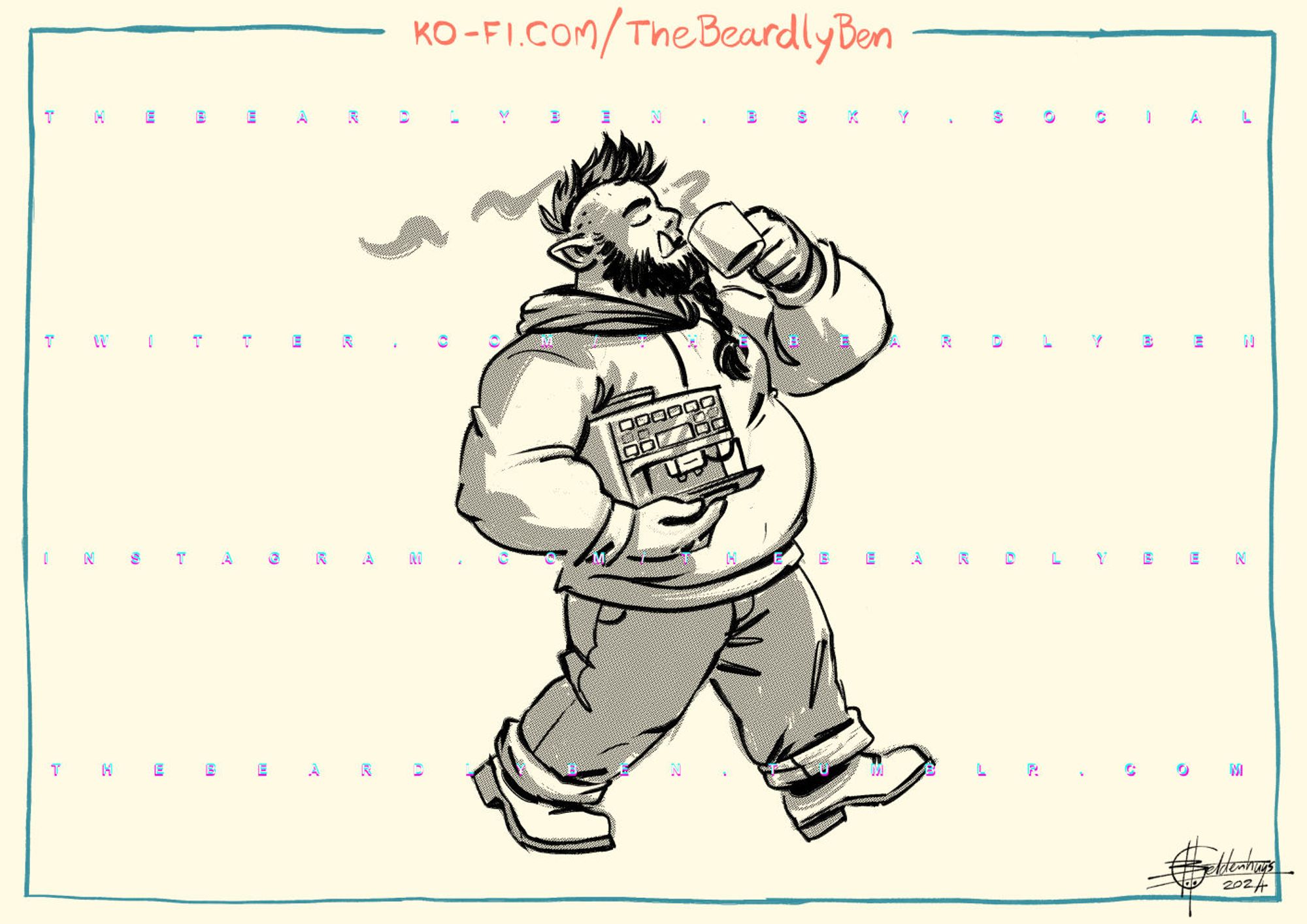 A doodle of a bulky and fat male orc with a mohawk and a beard wearing a hoodie and jeans walking and carrying a bean-to-cup coffee machine under his right arm while drinking a cup of coffee with his left.