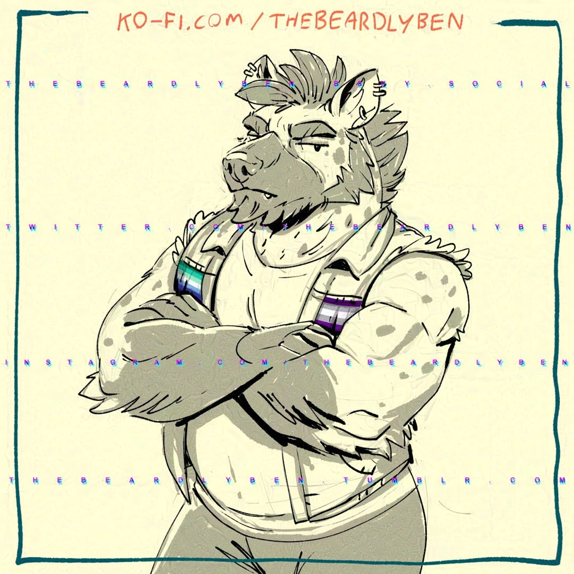 A doodle of a chubby bearded spotted hyena grumpily staring at the viewer with his arms folded with MLM- and grey-ace pride patches stitched to the breast pockets of his sleeveless denim jacke.