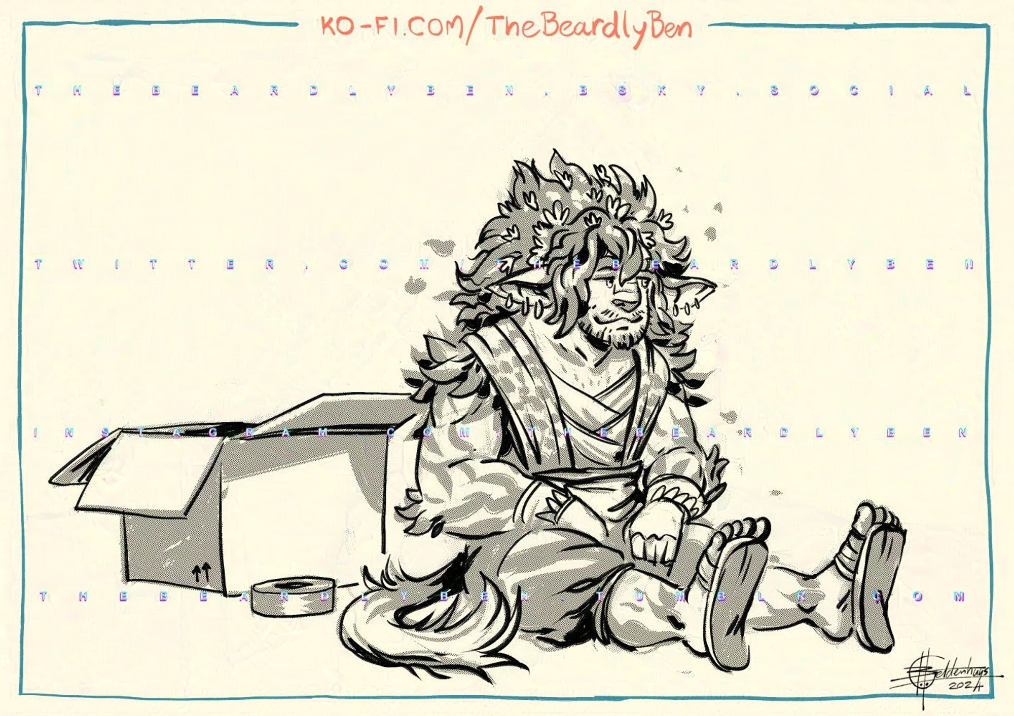 A doodle of a male firbolg sitting lazily in front of a open cardboard box and looking off to the side.