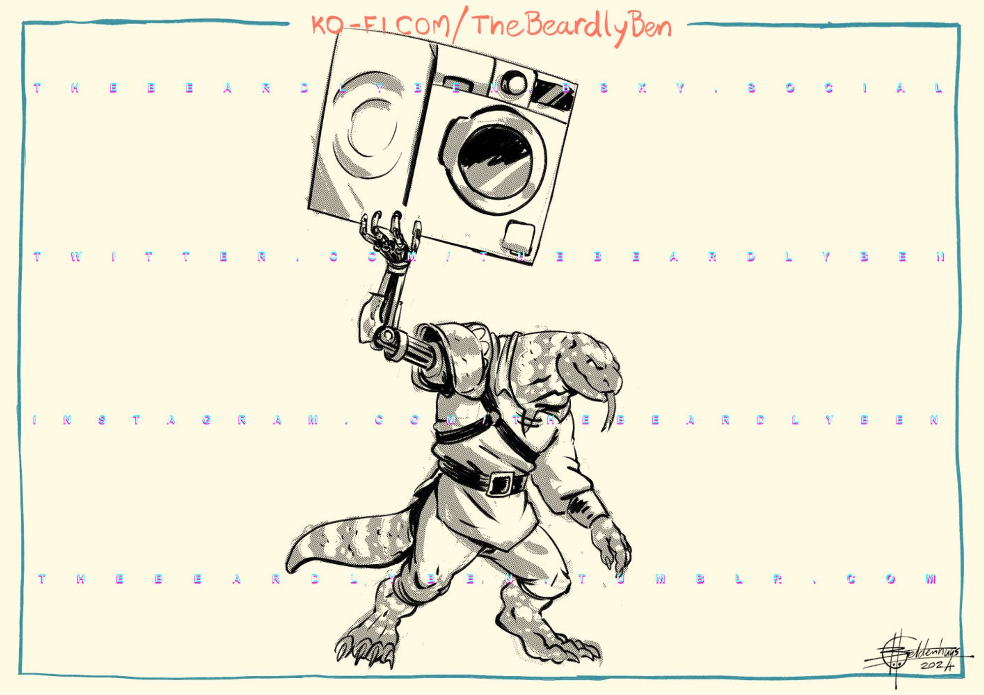 A doodle of a male anthro gila monster lifting a front-loader washing machine with a metal prosthetic right arm.