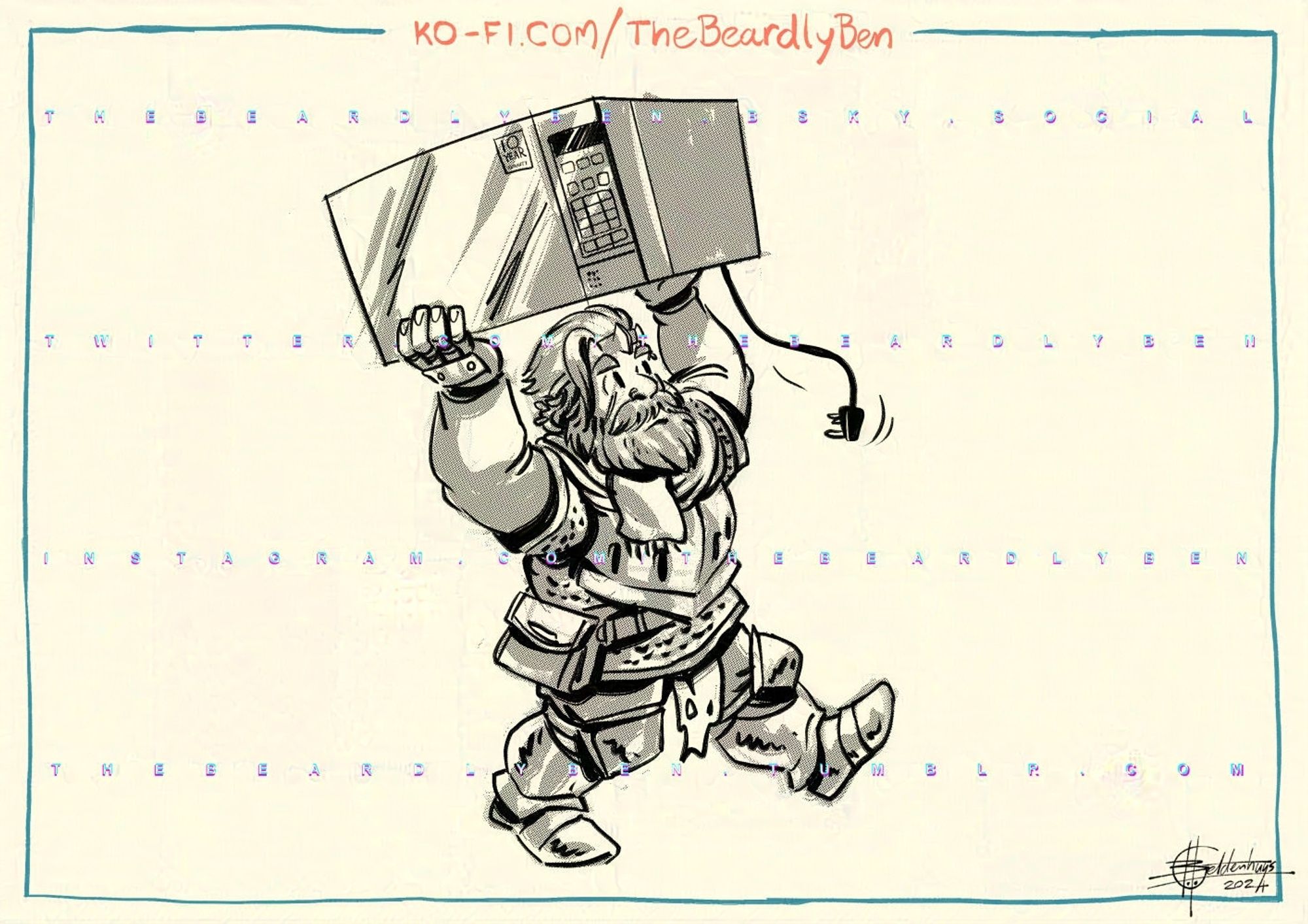 A doodle of a male dwarf wearing chain mail and plate armour carrying a microwave.