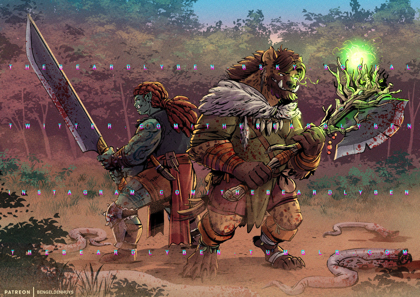 A buff female orc fighter with a giant sword and a huge gnoll druid with a tree root battle axe, standing back to back after an encounter with some tentacled monster in a wooded clearing. They're peering over their shoulders at one another and smiling.