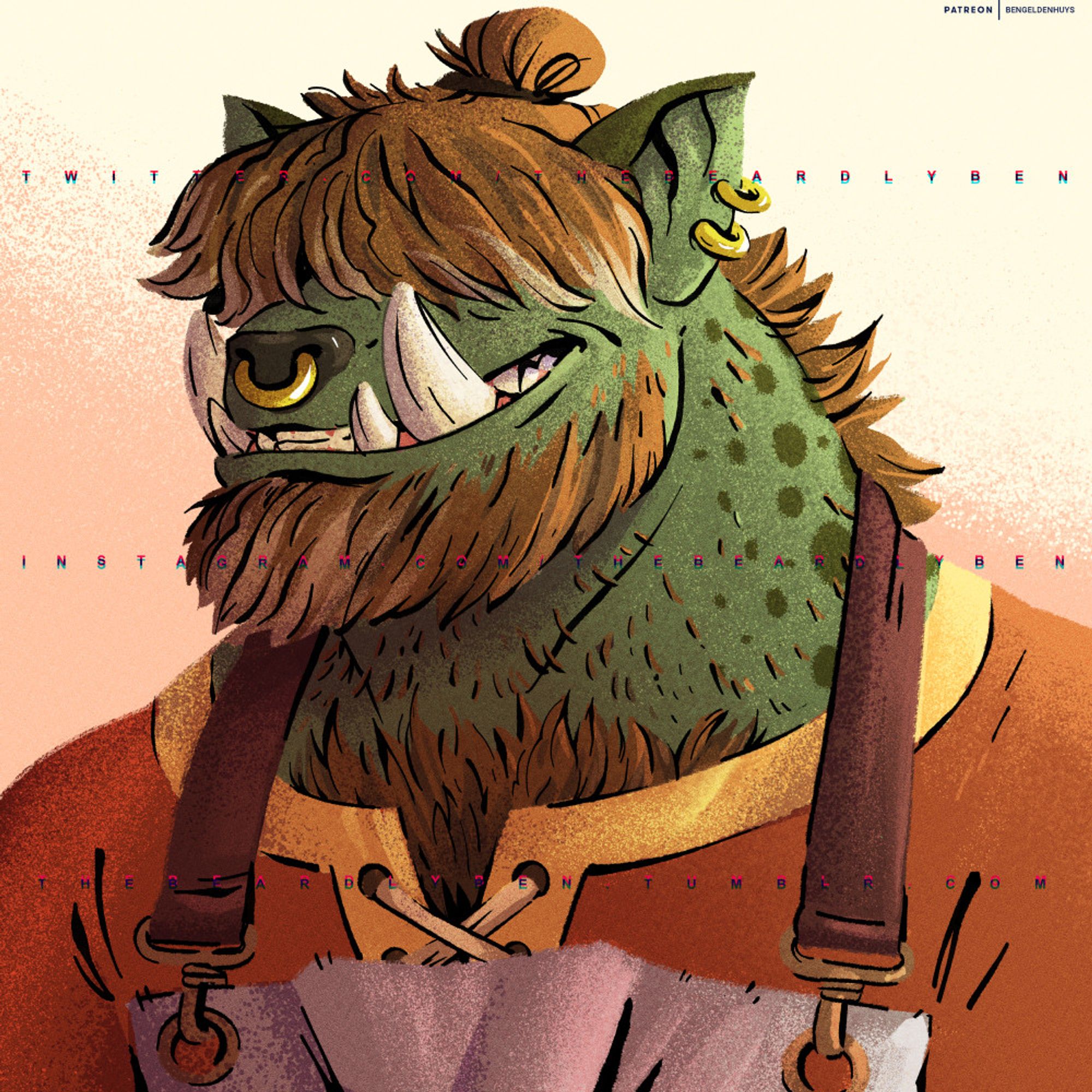 A portrait illustration of a half-orc/gnoll warrior chef wearing an apron and a red tunic. His eyes are hidden behind a mop of hair which also extends at the back of his neck like a hyena's mane and he has spots on his green skin.