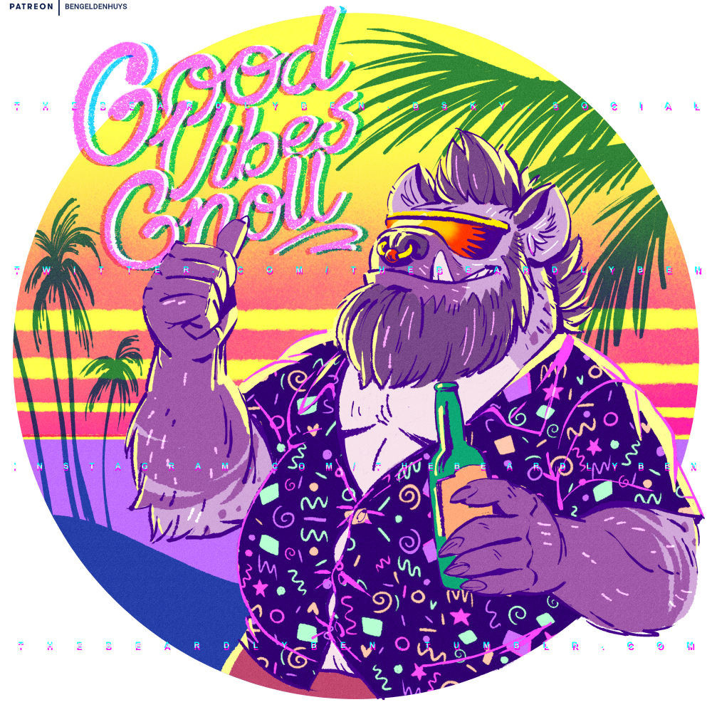 A brightly coloured illustration of a bearded gnoll in a button up shirt (with a retro arcade pattern on it), sunglasses and holding a beer in front of a sunset beach with palm trees. He's giving a thumbs up and there's text reading Good Vibes Gnoll. The illustration is styled to look very retro 80s early 90s.