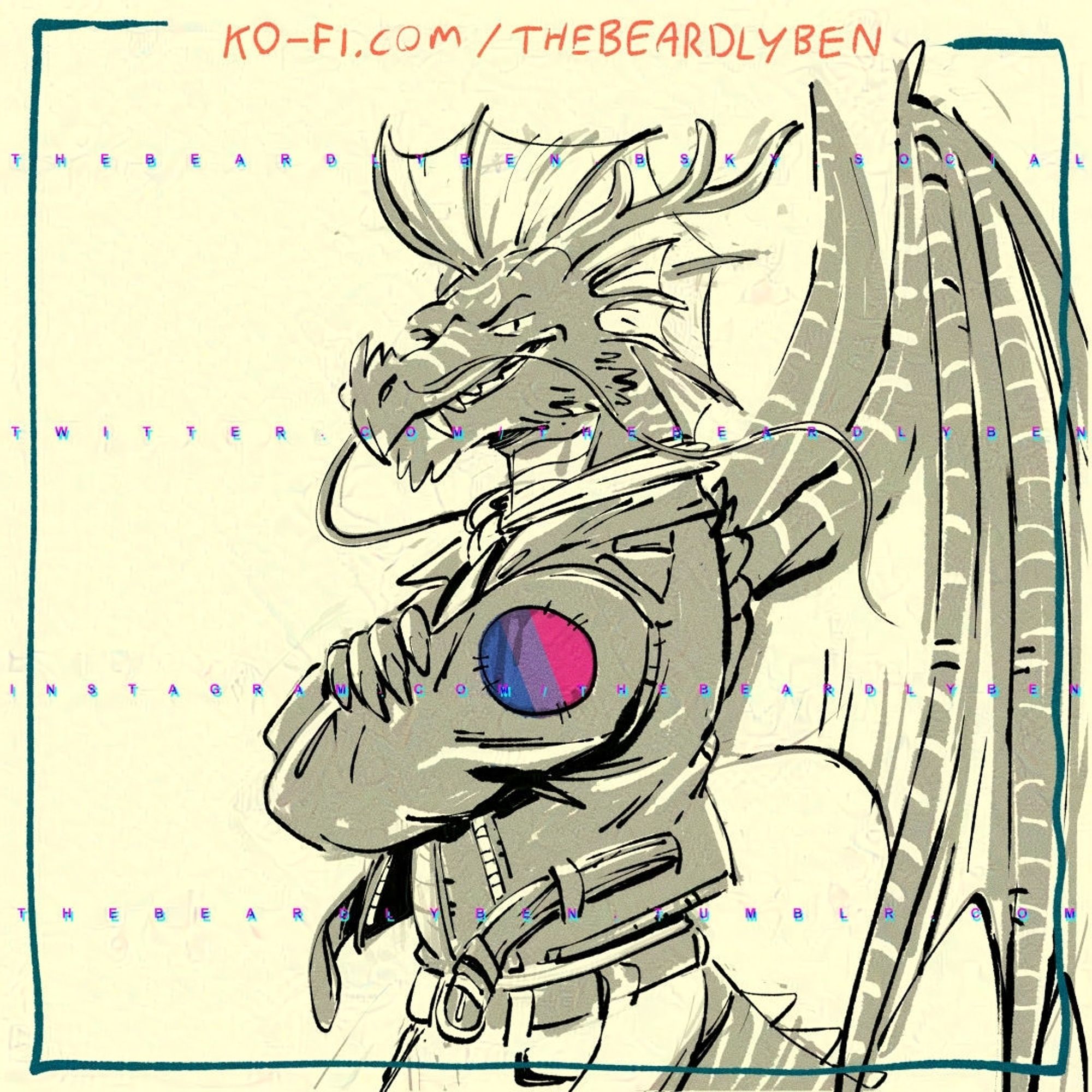 A doodle of a punk rock dragon smiling at the viewer with his arms folded wearing a leather jacket that has a bisexual pride patch stitched on the left shoulder sleeve.