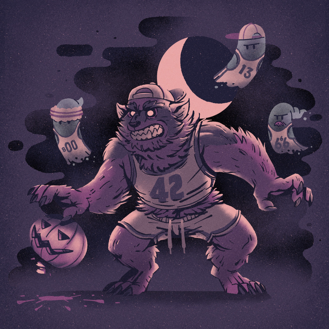 An illustration of a werewolf decked out in yellow and purple basketball attire surrounded by small ghosts also wearing the same team vests. The werewolf is dribbling a carved pumpkin like a basketball, though there appears to be a bit of a spinal column protruding from where the neck of the pumpkin head would be.