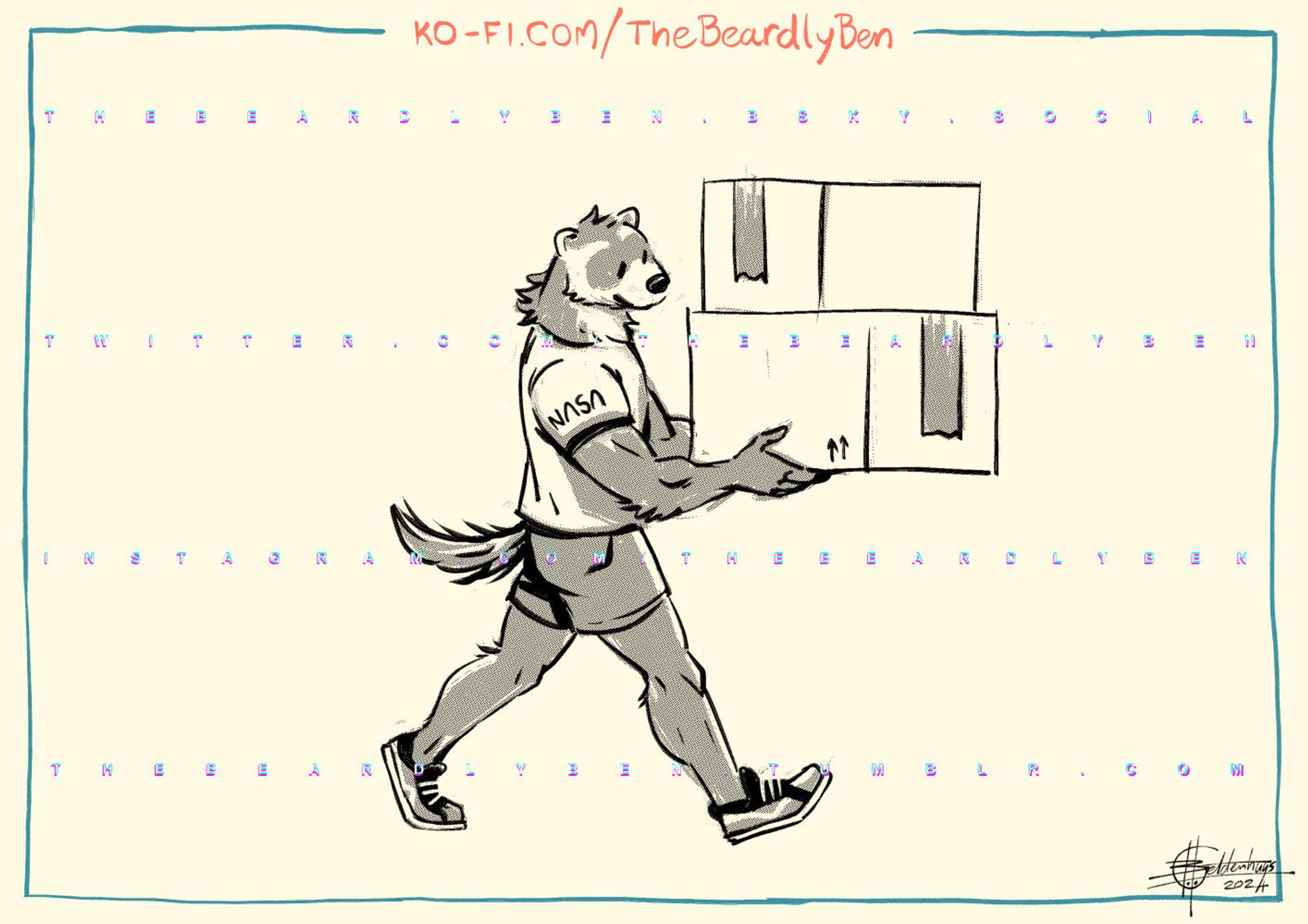 A doodle of a fit anthro male ferret in shorts and a NASA t-shirt carrying two cartboard boxes.