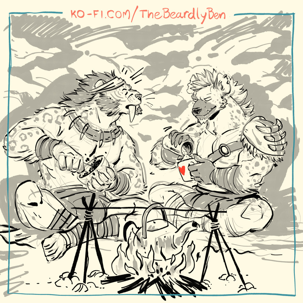 An illustration showing an anthropomorphic sabretooth tiger and a gnoll in a cave, grinding and brewing coffee in a primitive fashion by a campfire. The gnoll is throwing heaps of sugar into his coffee mug while the tiger reacts in surprise.