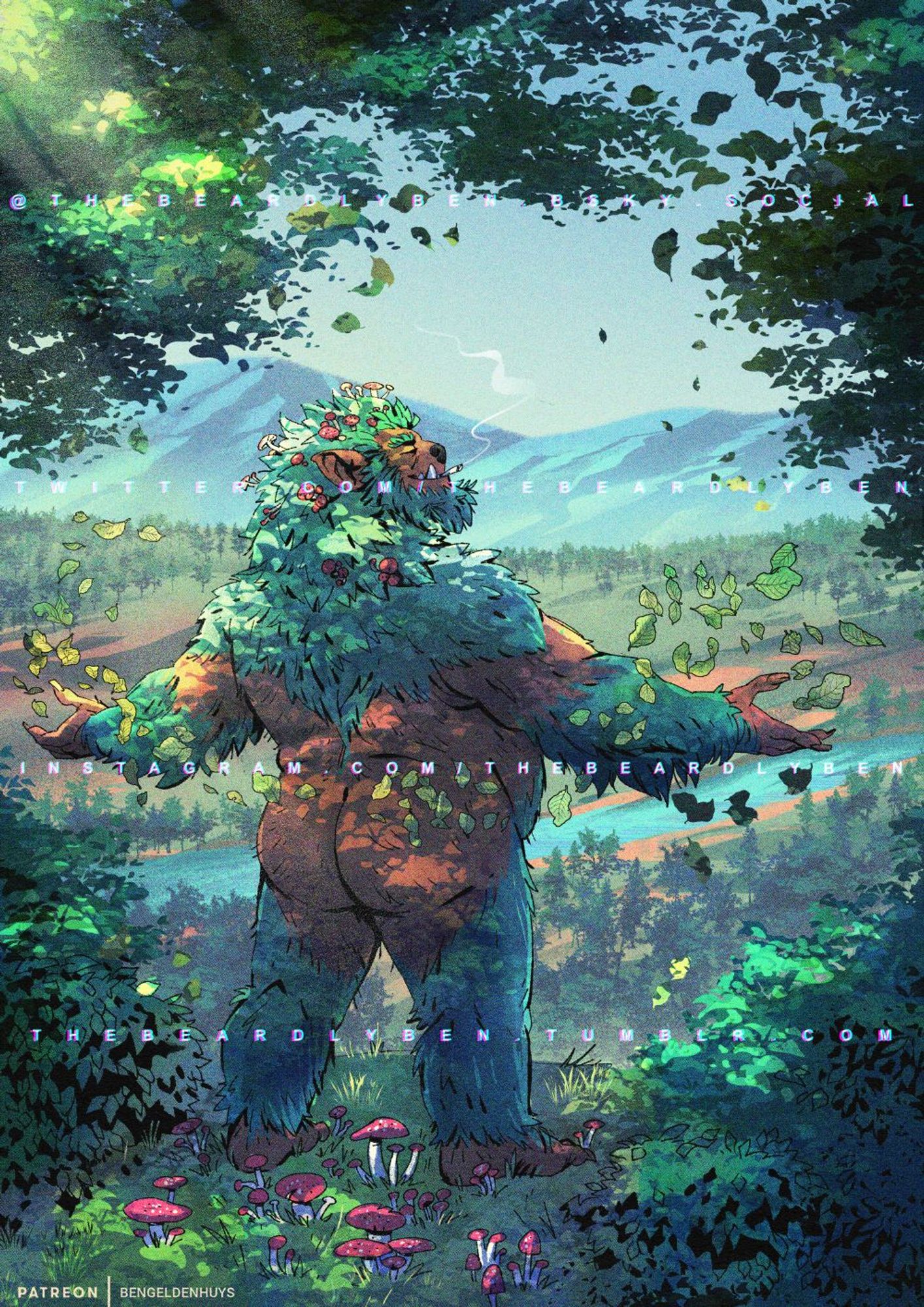 A bugbear druid stands naked on a wooded hill surrounded by bushes, leaves and mushrooms. He's also smoking a blunt. The background in the distance shows a river cutting through a forest and in the distance there is a mountain range.