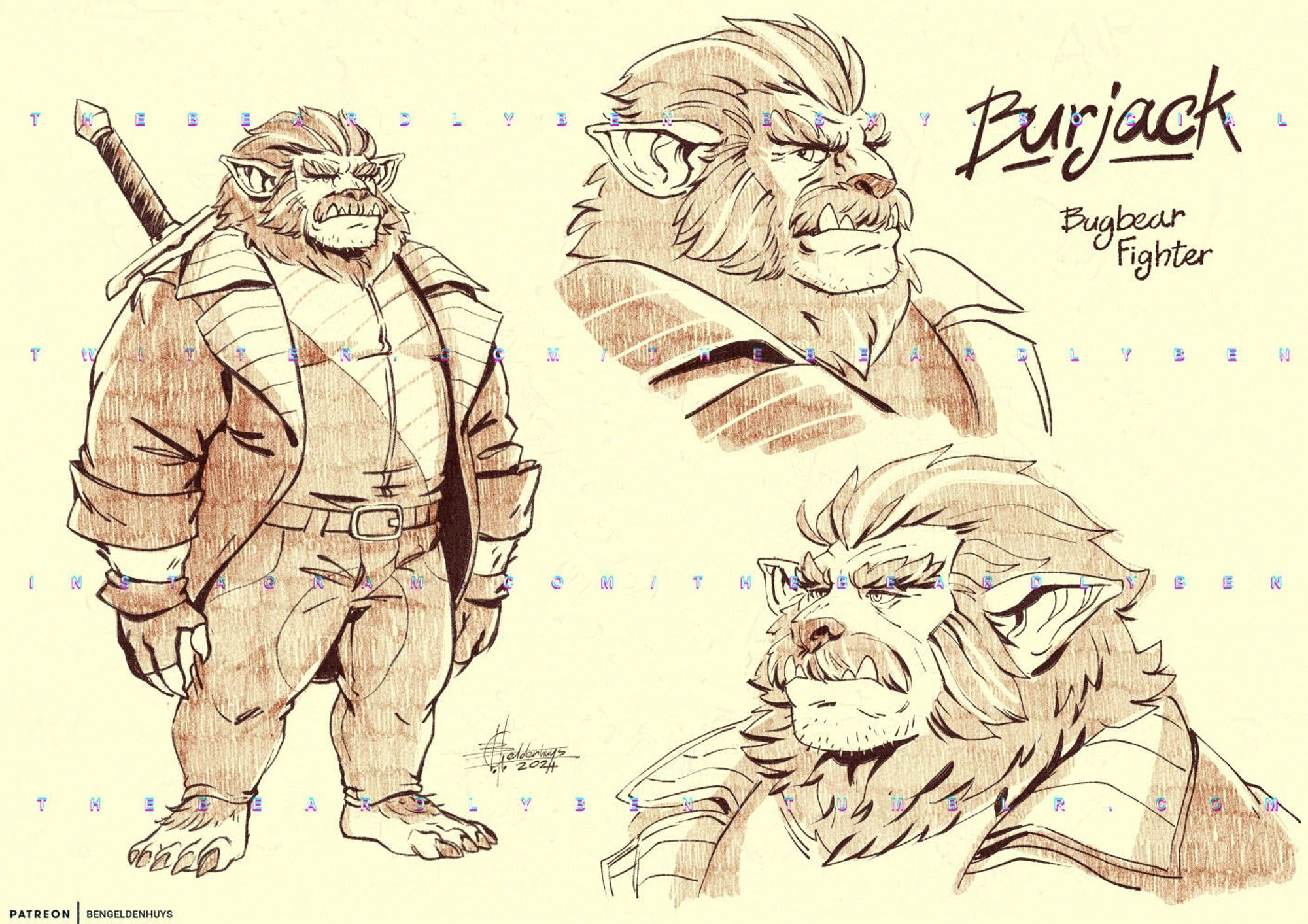 An illustrated character sheet of a bugbear fighter wearing a leather half-sleeved trench coat over what looks like a uniform with a greatsword sheathed on his back. He's got bushy eyebrows, swept-back hair with grey streaks and what can only be described as a cop moustache for his facial hair. He's also not wearing shoes because bugbears have huge feet.