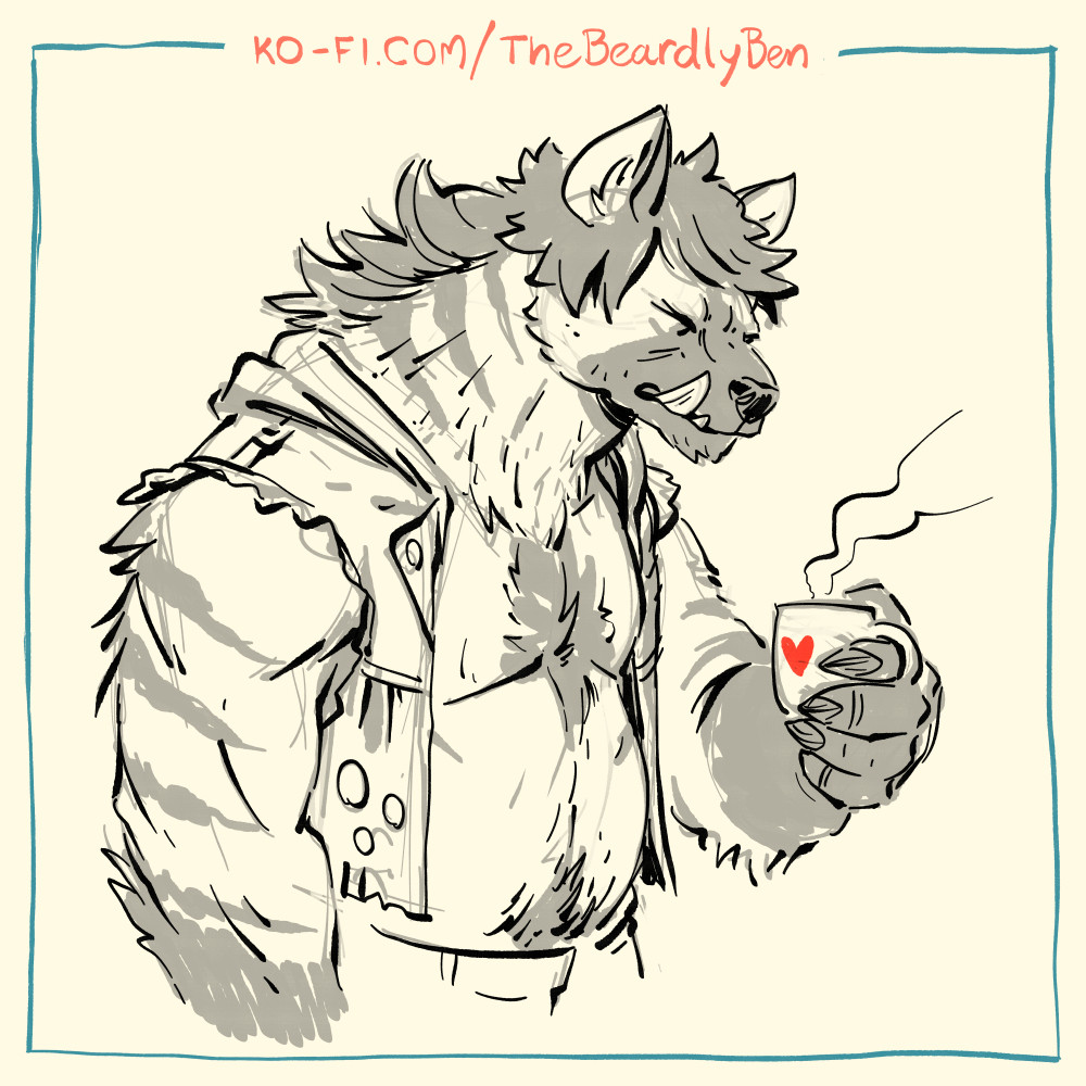 An illustration of a brown hyena as a gnoll with a coffee in his left hand. He's wearing a sleeveless hooded denim jacket, unbuttoned and showing his exposed belly.