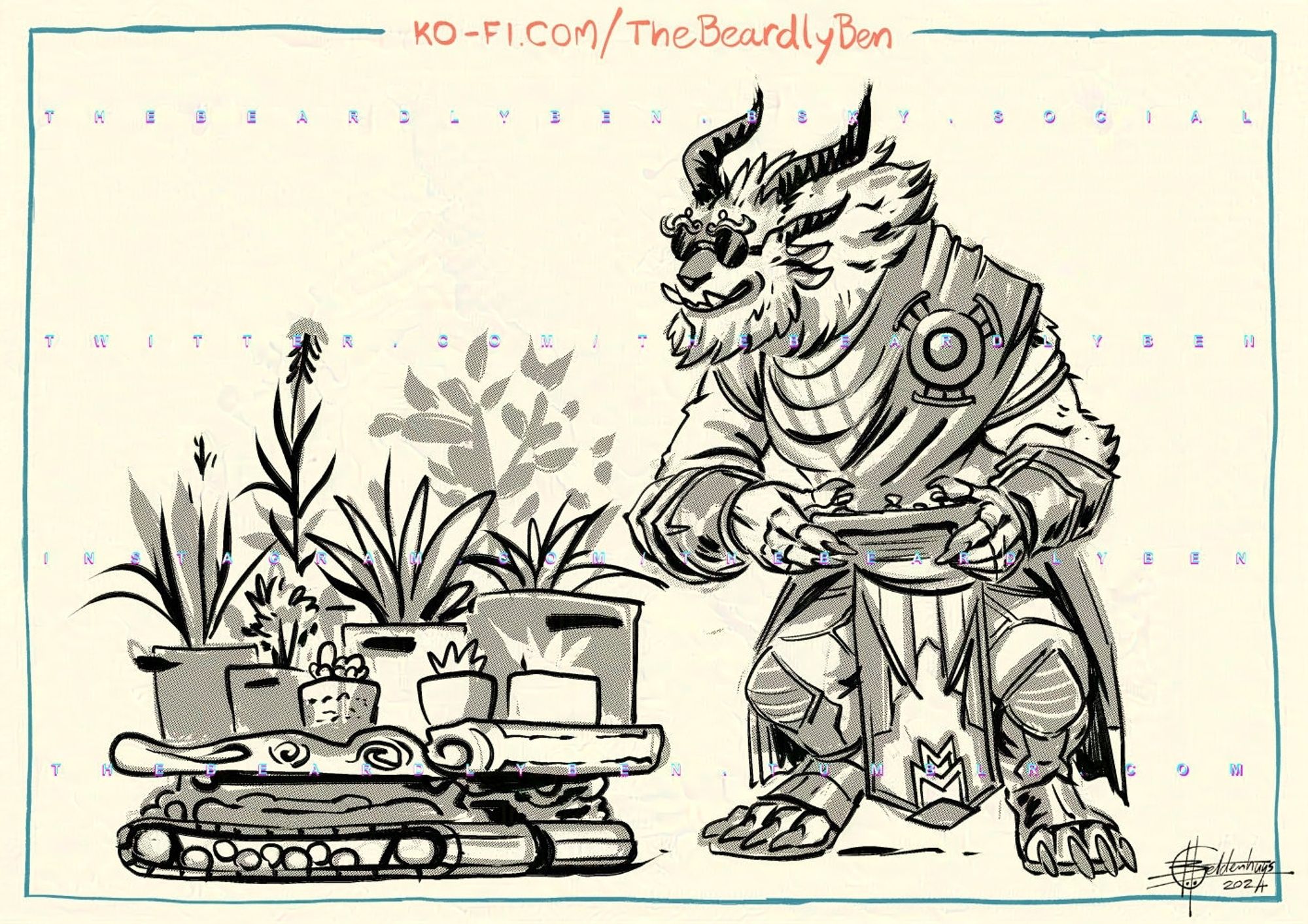 A doodle of a charr engineer with a remote control device that has tank treads and a platform that is transporting a bunch of potted plants.