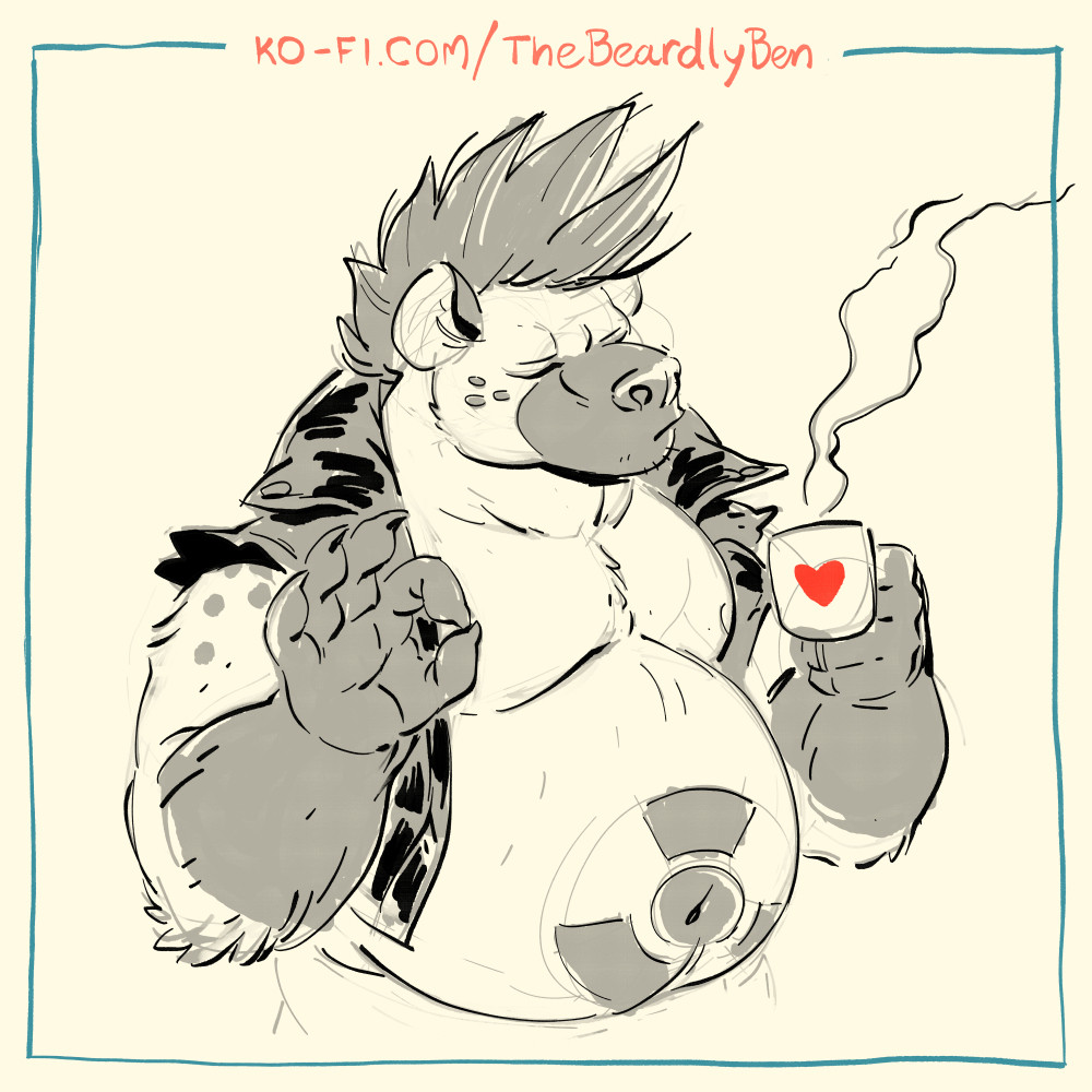 An illustration of Sodo, a chubby punk hyena wearing a sleeveless leather jacket and a radioactive symbol tattooed on his belly from the game Breeze in the Clouds.  He's enjoying a coffee.