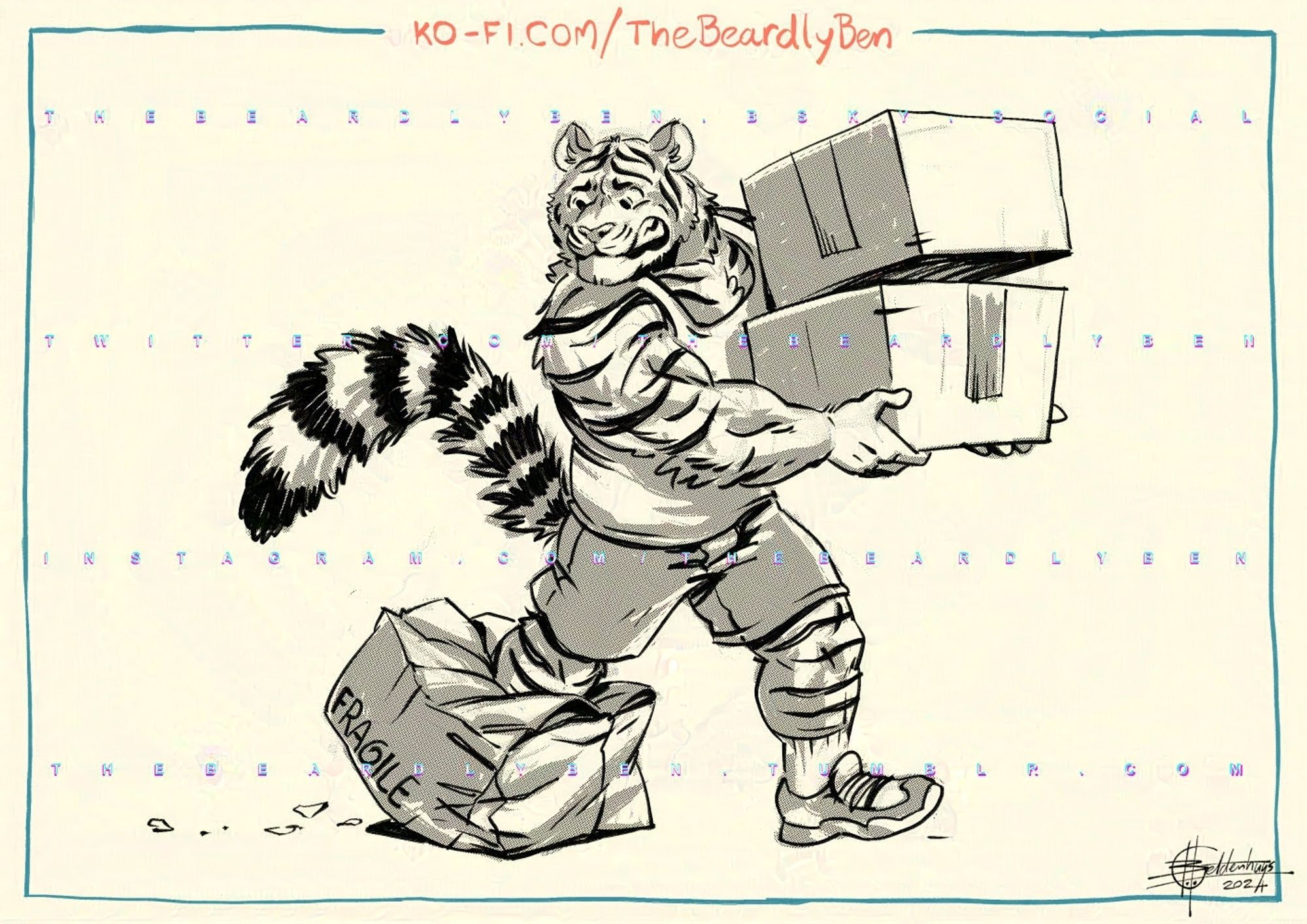 A doodle of a male anthro tiger in gym shorts and a tank top carrying two cardboard boxes and accidentally stepping in a box marked "fragile" with an apologetic expression on his face.