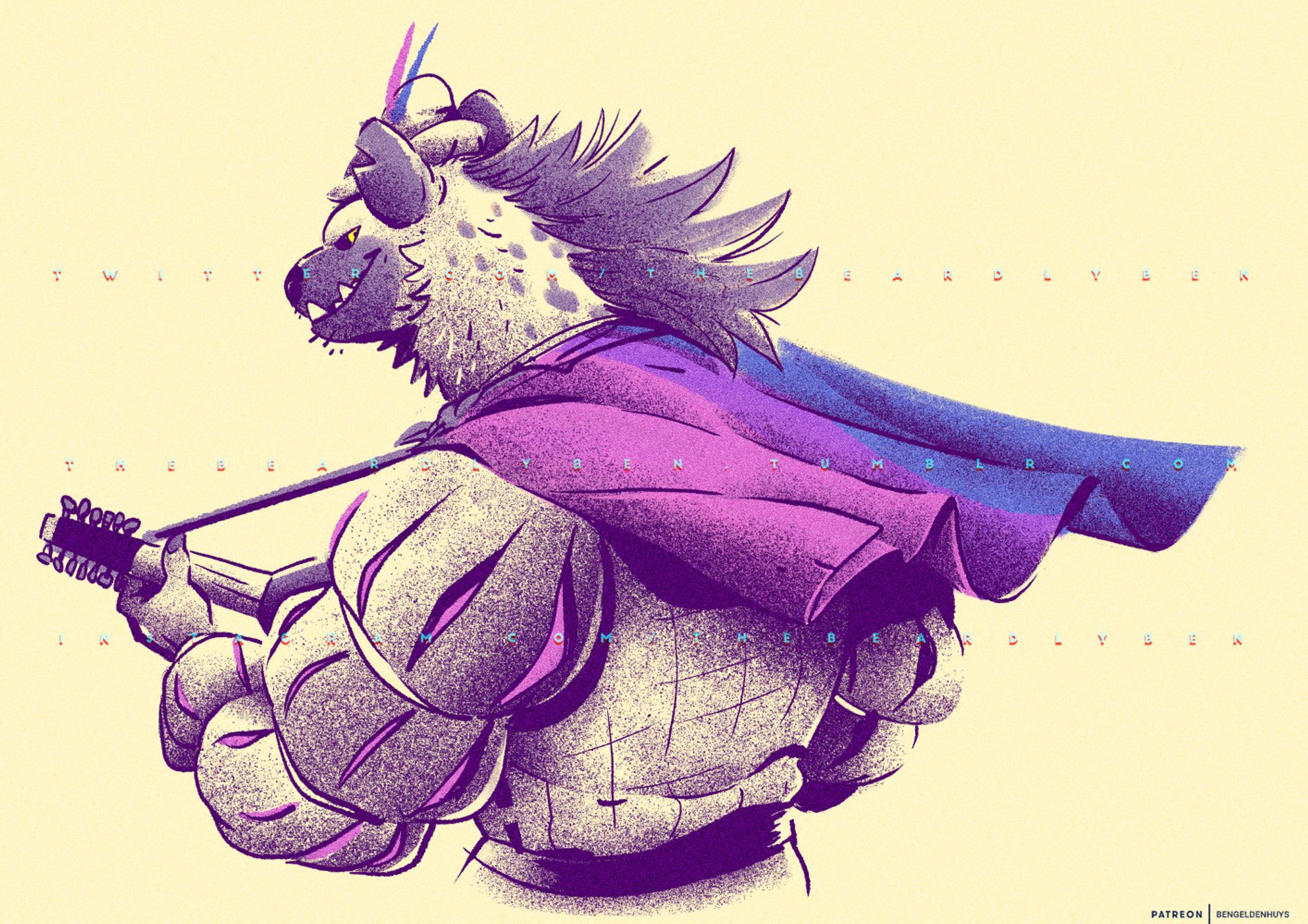 An illustration of a gnoll bard with a lute wearing a bisexual pride flag as a cape.