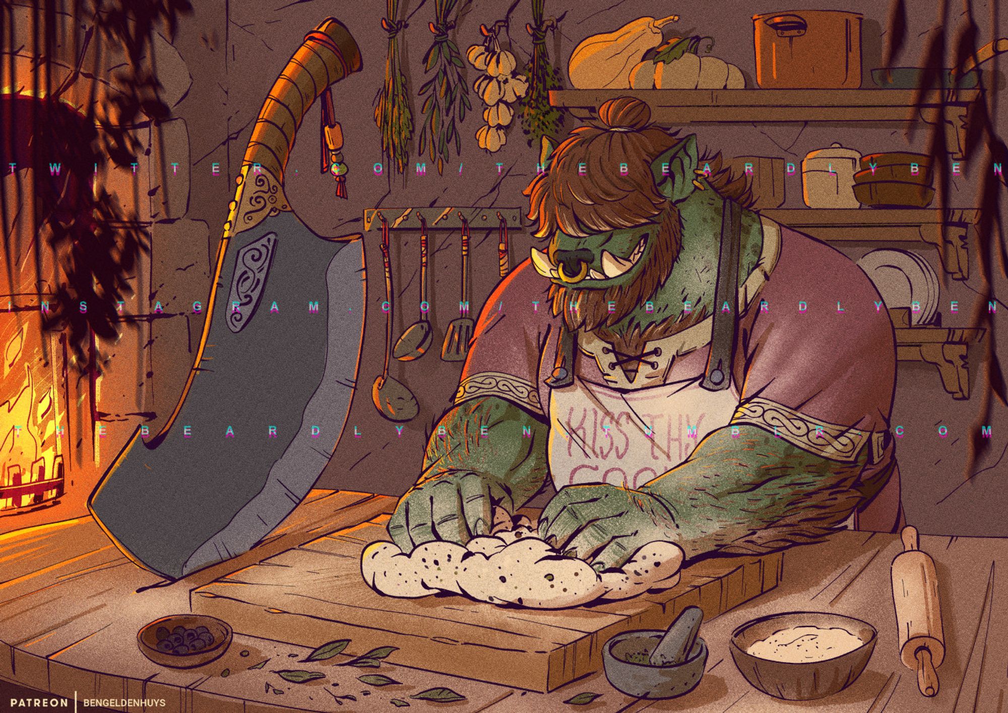 An illustration of a half orc/gnoll baker kneading bread dough in a cozy cottage-core medieval fantasy kitchen.