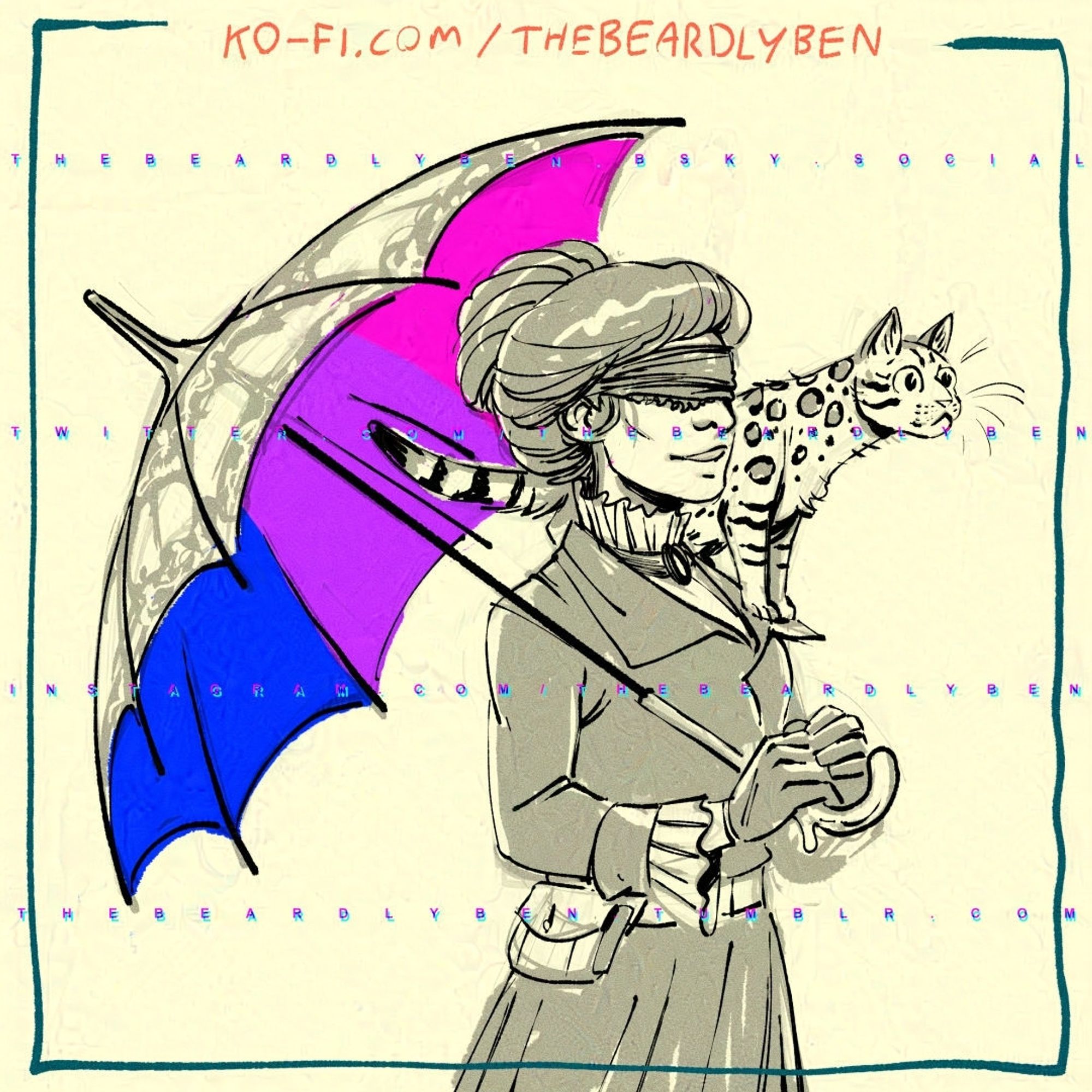 A doodle of a blind female invocation wizard dressed smartly in a Victorian-inspired dress with her savanna cat familiar perched on her left shoulder while she's holding a parasol umbrella, showing the bisexual pride colours on the inside of it.