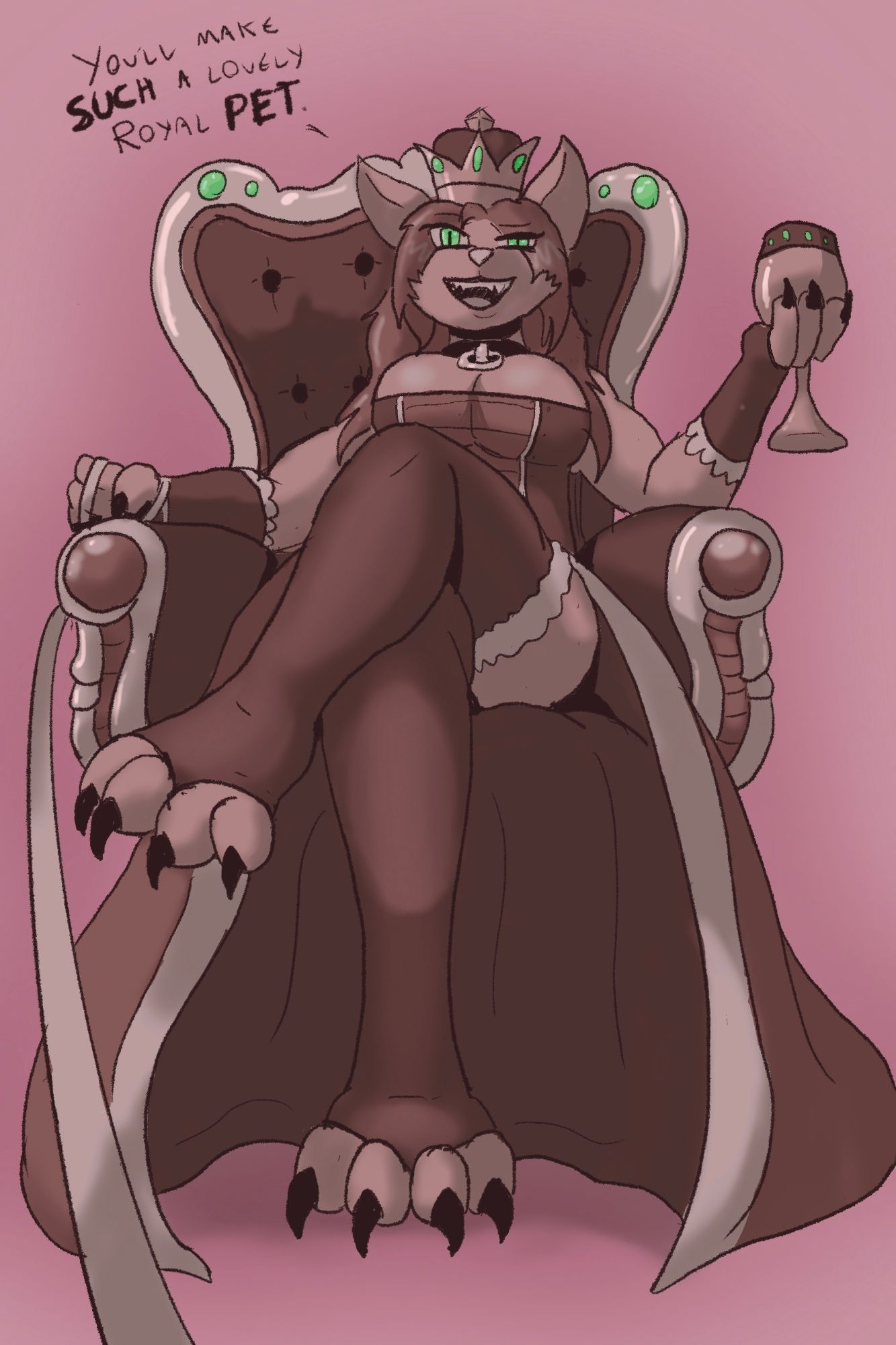 Kjatar the Princess of cats sits in her throne over you, holding your leash and drinking from a goblet. She says "you'll make such a lovely pet"