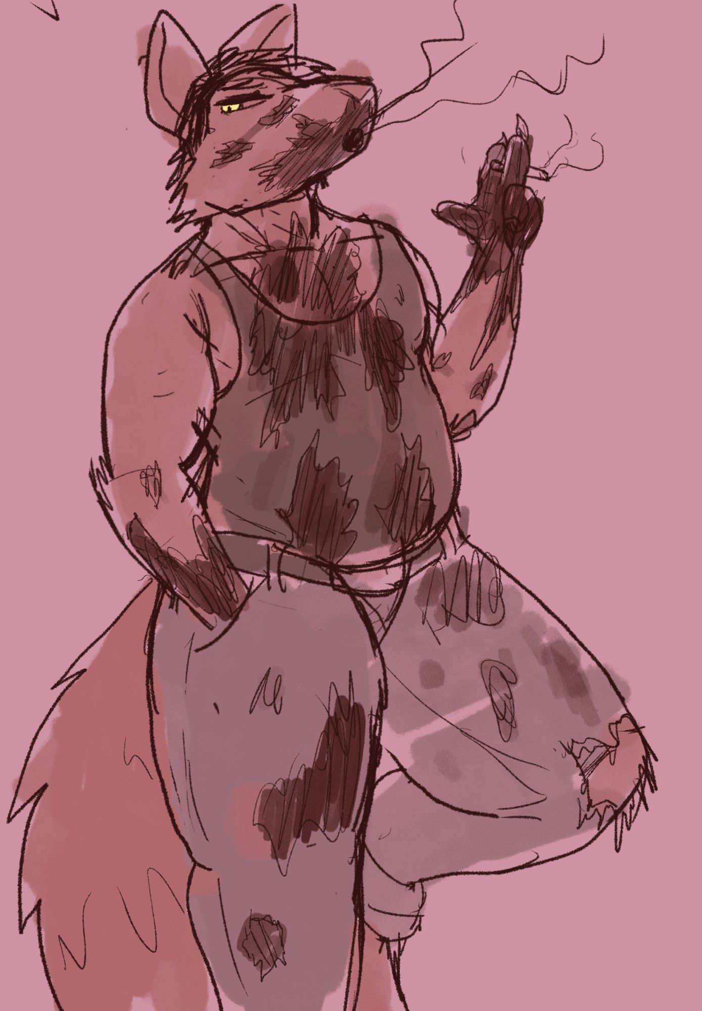 A large werewolf with a thick dad gut and muscles smokes a cigarette while leaning on a wall. He is covered in gore