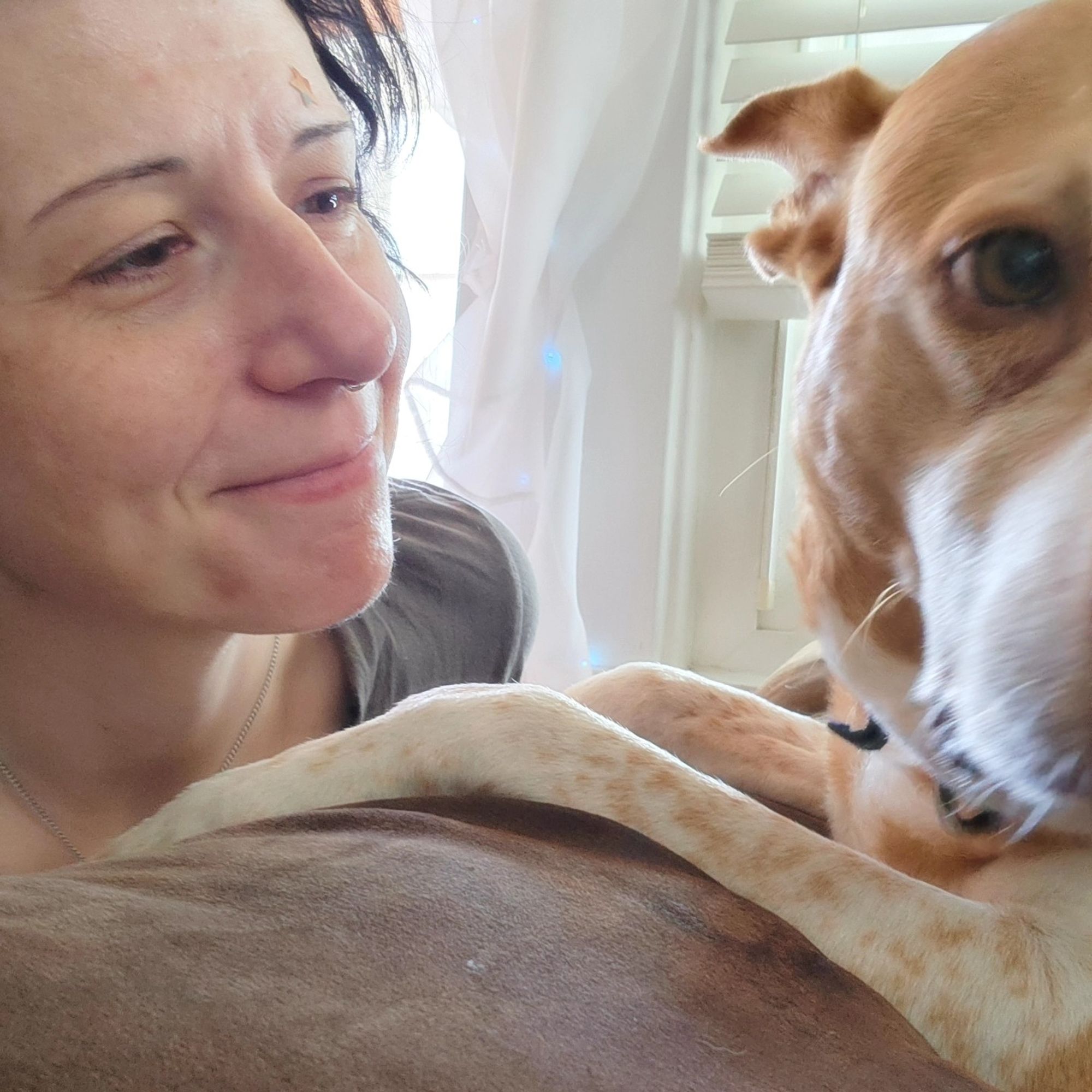 close up of girl, semi profile, looking down & smiling fondly at ginger dog with white snoot who could not give a good god damn about the camera.