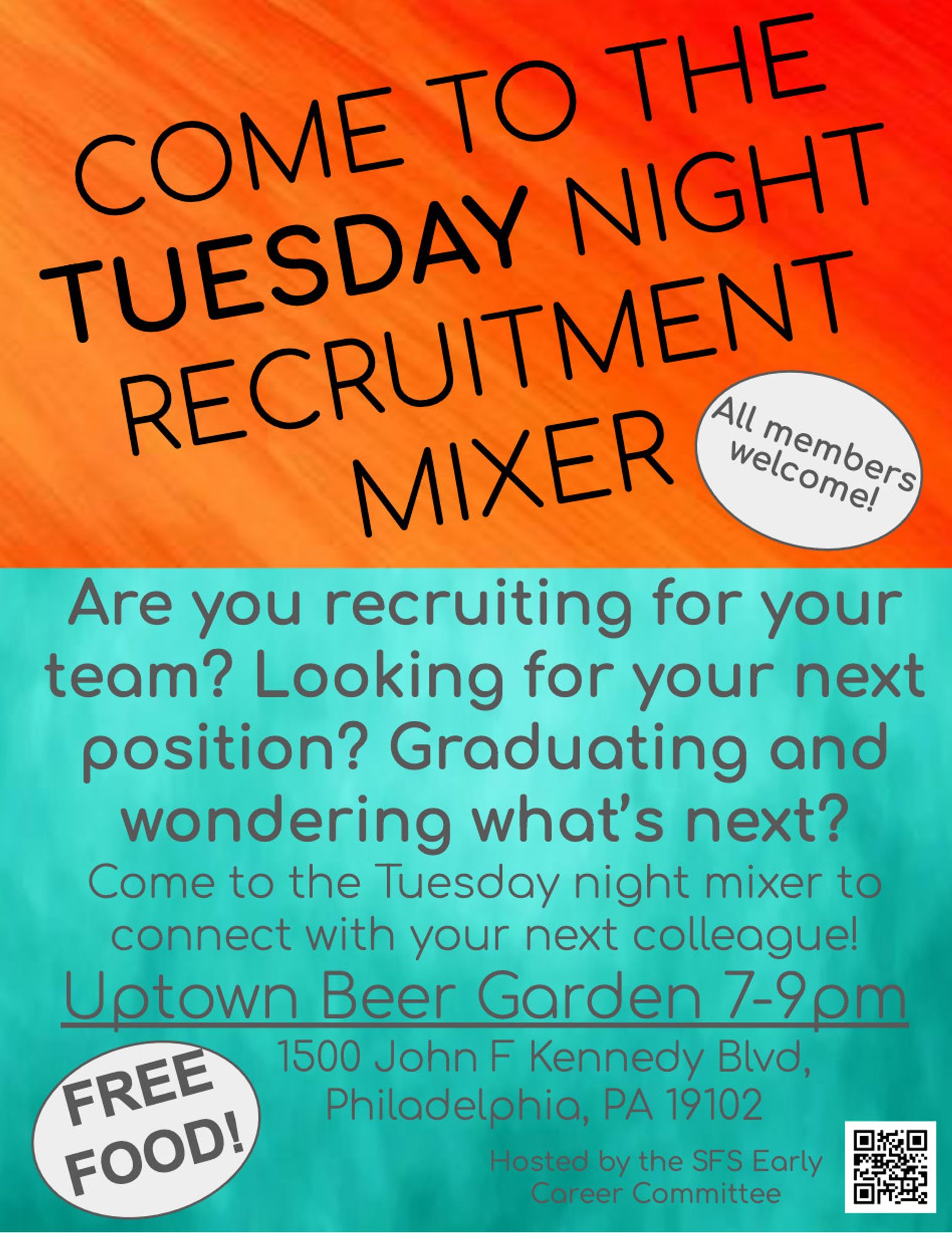 Colorful flyer advertising the mixer on Tuesday night at Uptown Beer Garden (1500 John F Kennedy Blvd) from 7-9pm. There will be free food and the theme will be focused on recruiting - connecting those looking for their next position with those who are interested in hiring.