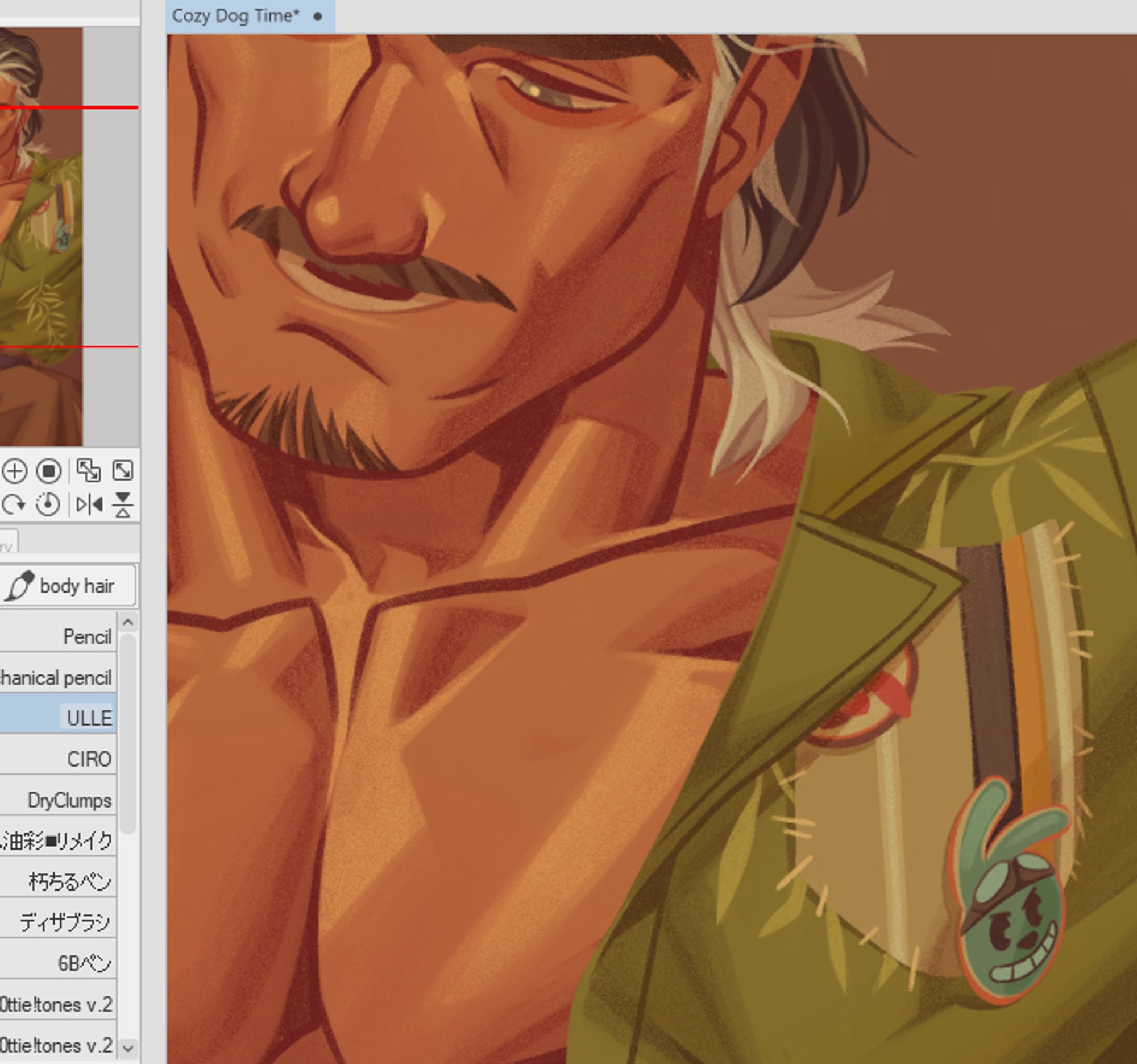 A close up wip featuring Duncan from Reverse 1999 focusing om his chest laid bare with his shirt open.