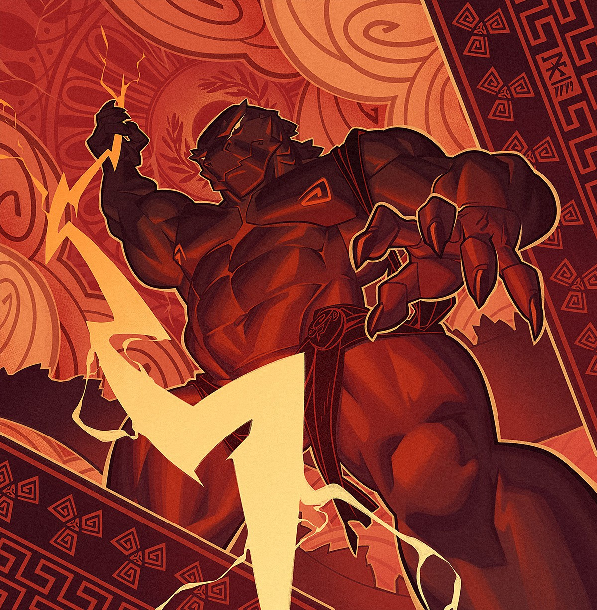 Zeuszilla looking down on the viewer as he aims a bolt of lightning.

art by Den/DK