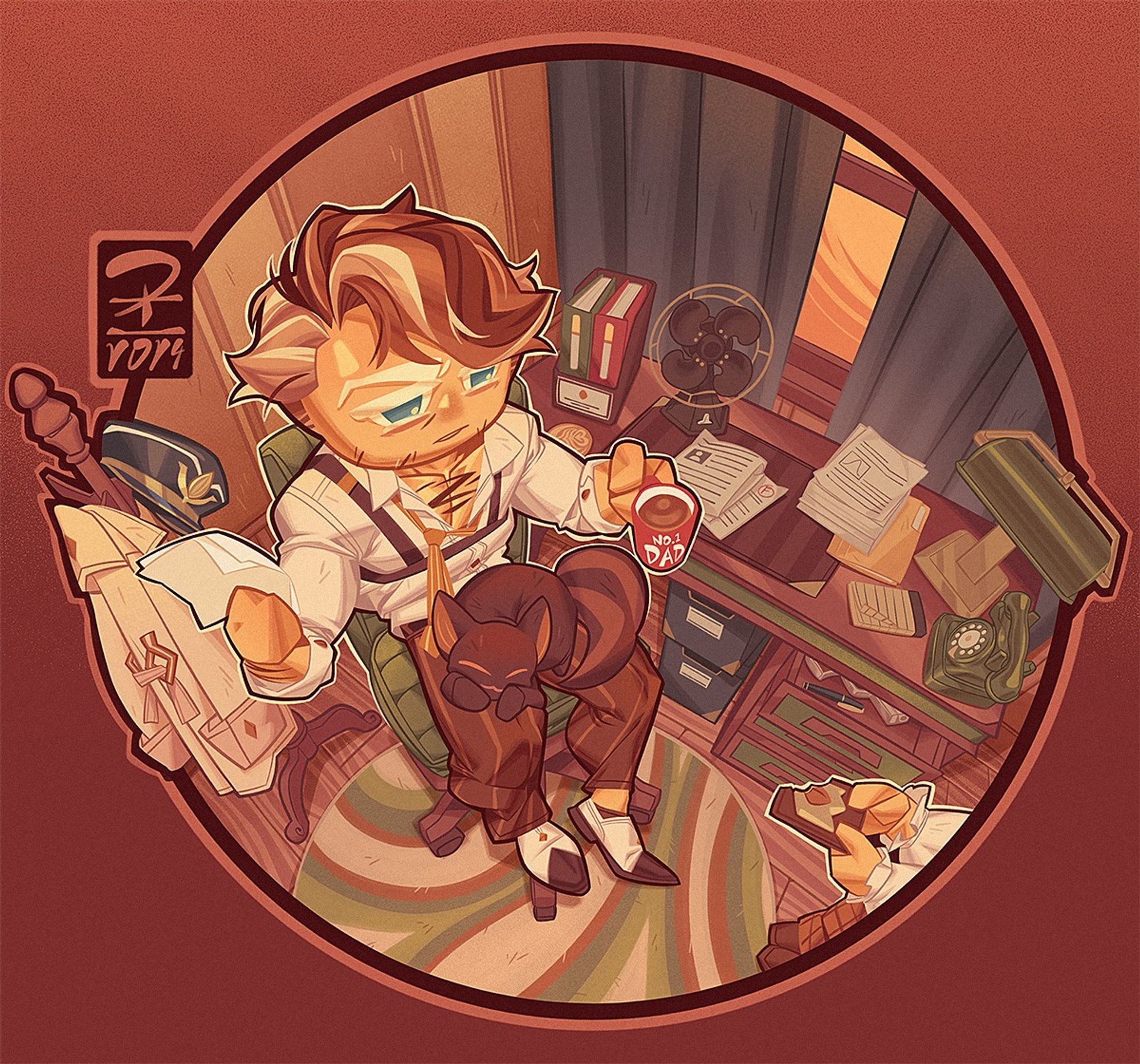 Almond cookie sitting by his desk with a bunch of paperwork, momentarily looking to the side as his daughter, Walnut cookie, presents to him his own badge. A large bite has been taken out of it. Additionally, almond cookie's "cat" can be seen napping on his lap.