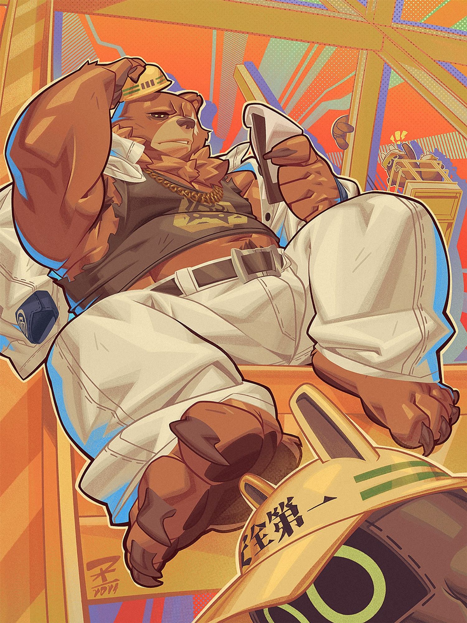 Ben Bigger, looking over a clipboard as he adjusts his hardhat. He is sitting on a girder in what looks to be a construction site. Around him are bangboos going about their business. 

art by Den/DK