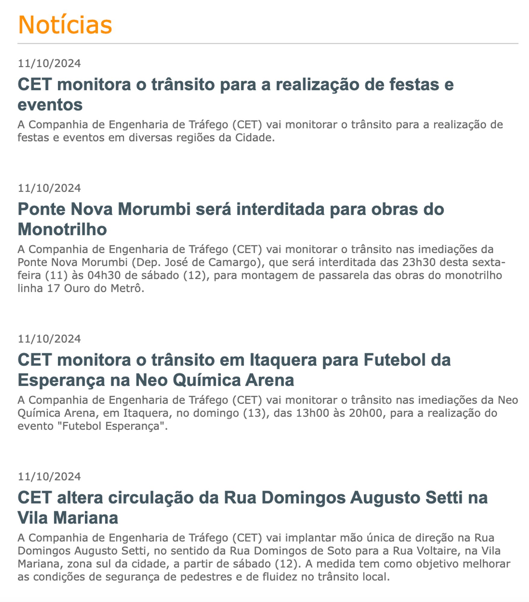 Print do site da CET onde as últimas notícias são de sexta-feira e nenhuma delas fala sobre as chuvas.