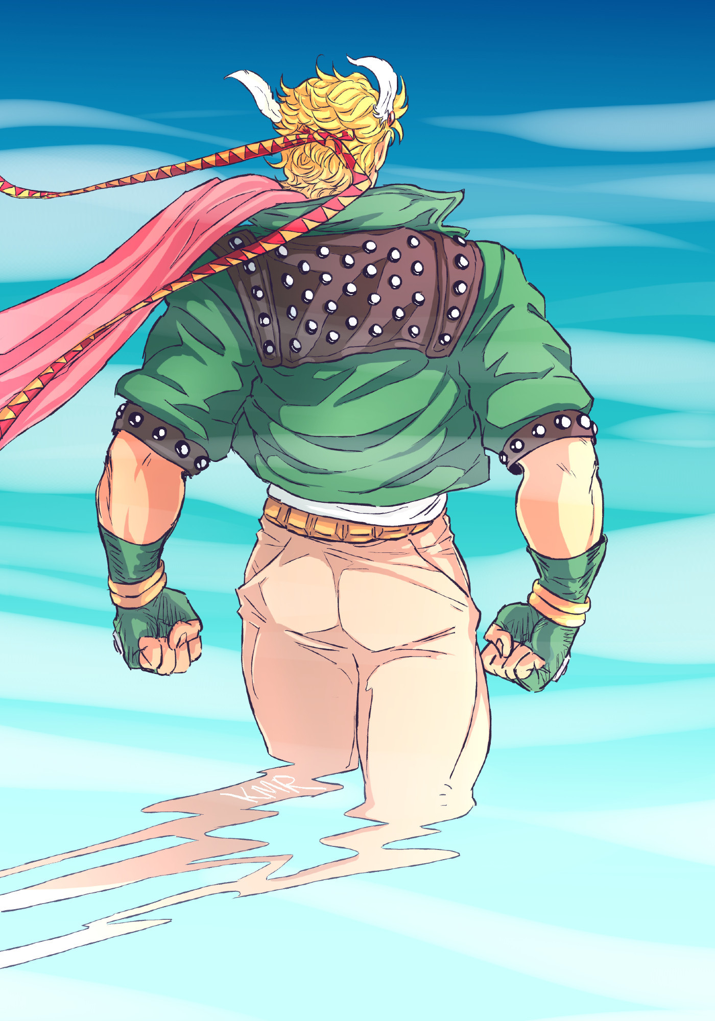 caesar zeppeli striding purposefully away from the camera. he is wearing the bright green variant of the outfit he wears in his final fight. his shoulders are squared and his fists are clenched. the sky around him is bright blue and misty and his legs are blending away into the wind like smoke