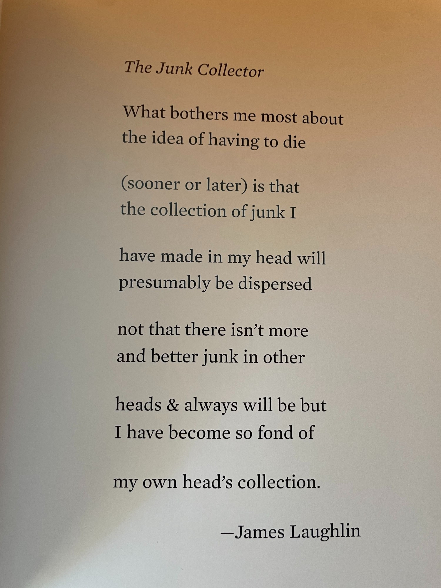 what bothers me most about
the idea of having to die

(sooner or later) is that
the collection of junk I

have made in my head will
presumably be dissipated

not that there isn't more
and better junk in other

heads & always will be but
I have become so fond of

my own head's collection.