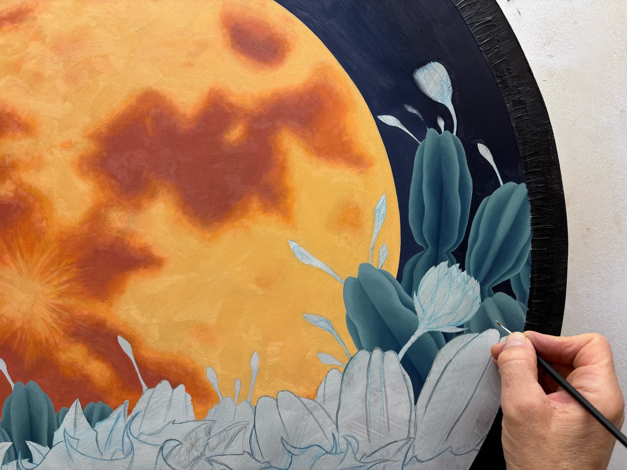 Oil painting of the moon and cacti in progress