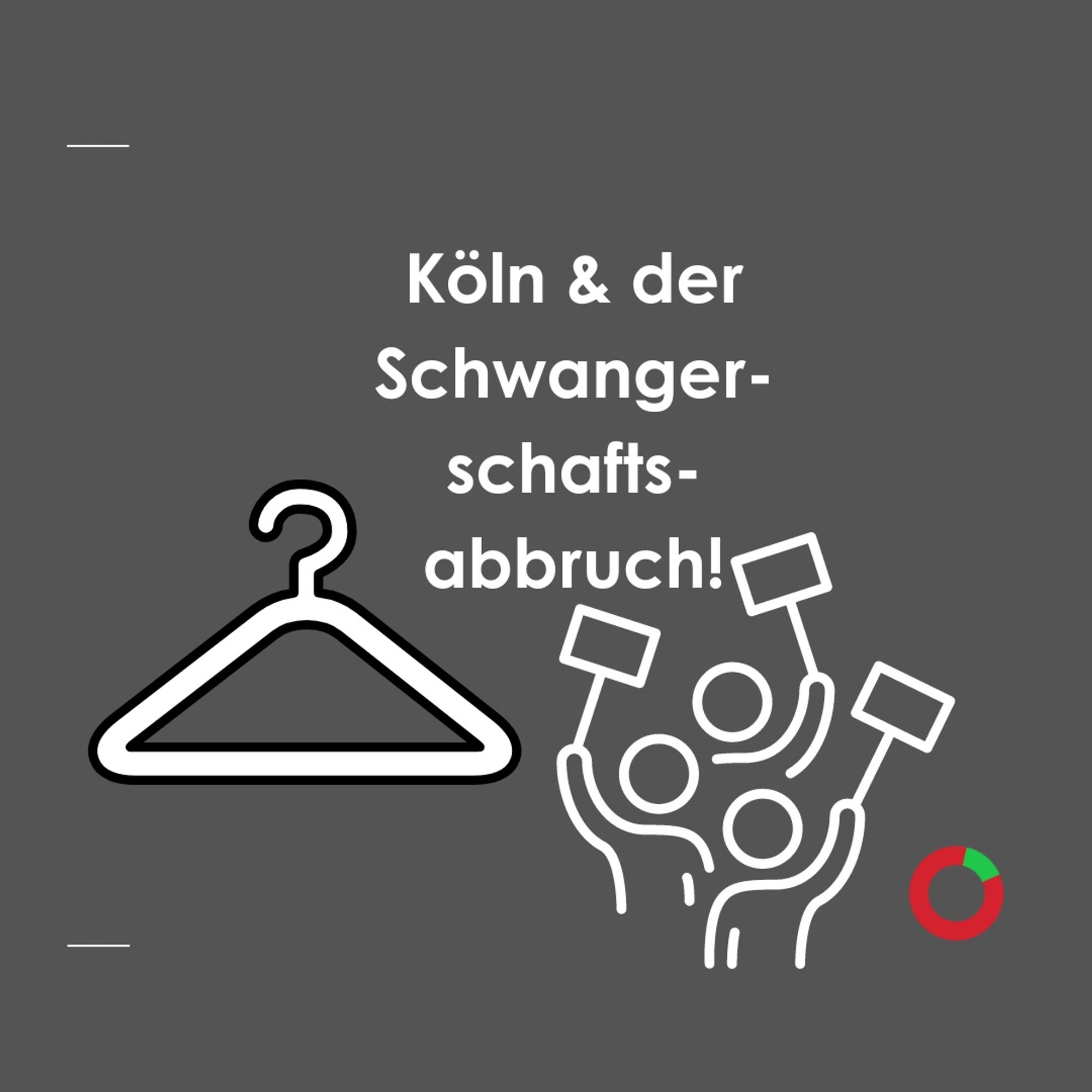 Titel: „Köln und der Schwangerschaftsabbruch“ in der Mitte 
Links ein Kleiderbügel rechts sind protestierende Menschen mit Plakaten abgebildet.
Unten rechts das Protestomatlogo (roter Kreis mit grünem Streifen oben rechts)