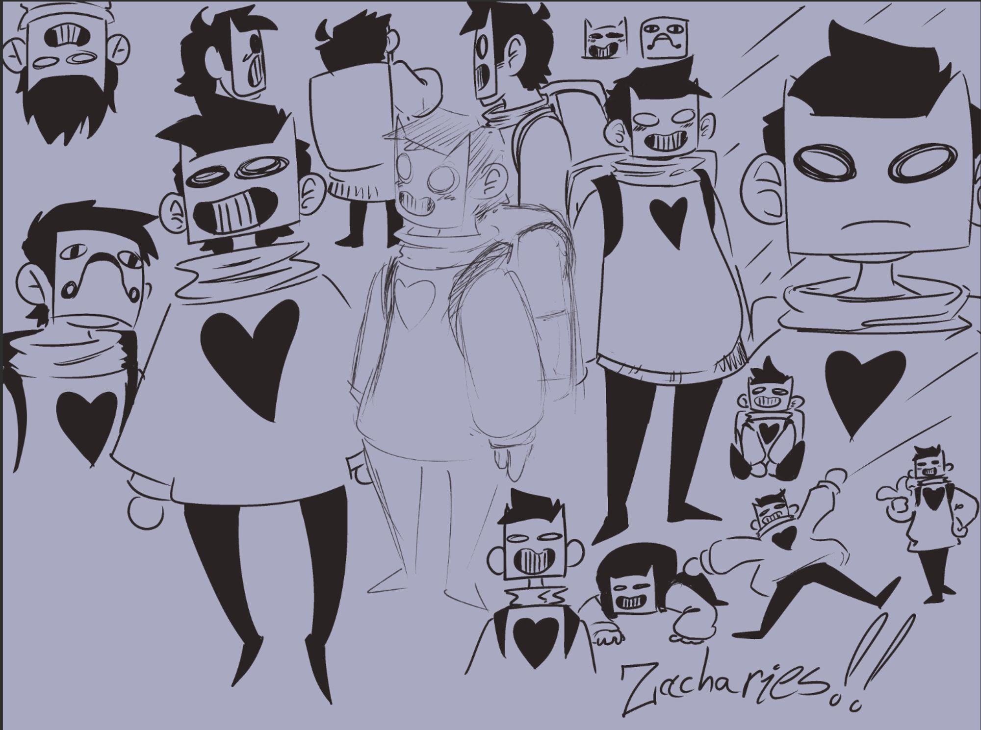 A wall of zacharie sketches in monochrome (well OFF is basically all in monochrome so ig its just, zacharie)