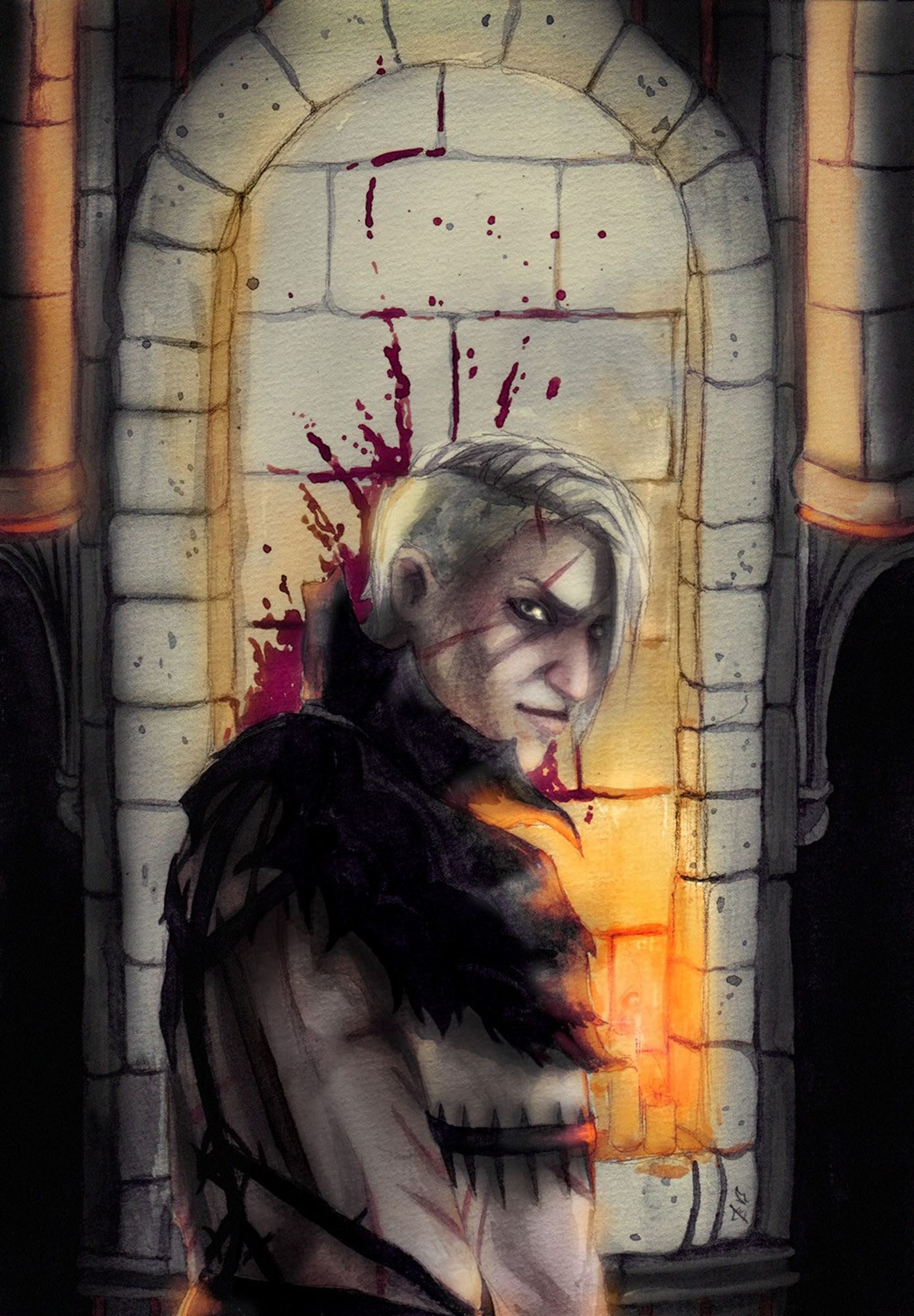 Abdirak, Loviatar's priest, Maiden of Pain, from Baldur's Gate 3 video game, a white haired man with an undercut, in various black leather straps and shoulders, facing the viewer. background is a blooded shrine made of stone, with a few candles burning. The man is scarred, and has a feverish look to him, bordering insanity