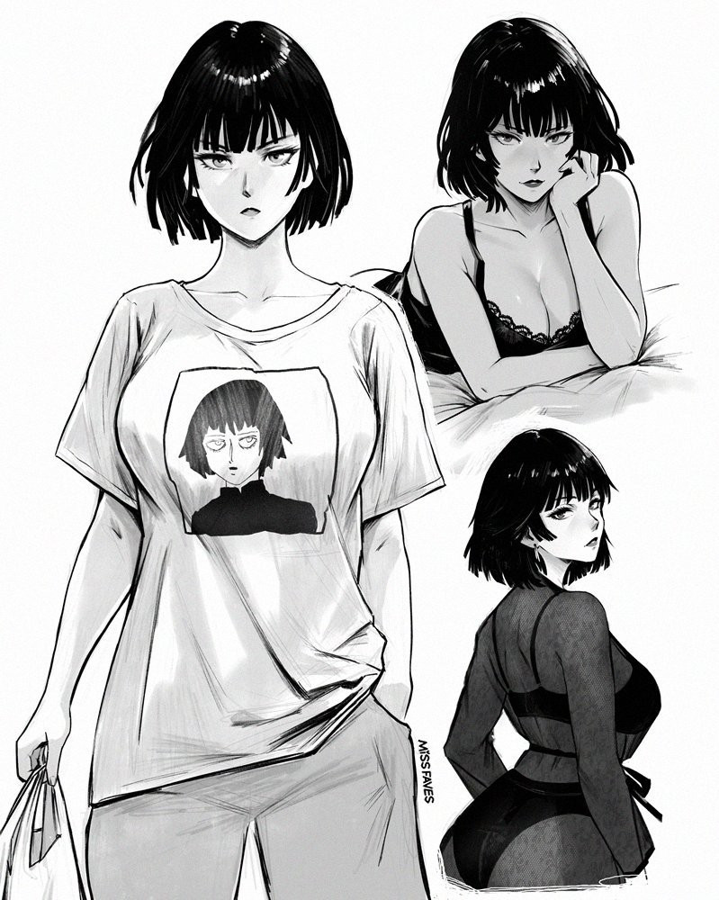 Fubuki from One Punch Man running errands while wearing a baggy tee shirt with a print of her own face (from the webcomic) as well as her posing on a bed wearing negligee/night gown along with an over-the-shoulder-look pinup.  This is to emphasize the contrast between on the streets and in the sheets--very similar to the artist herself. 