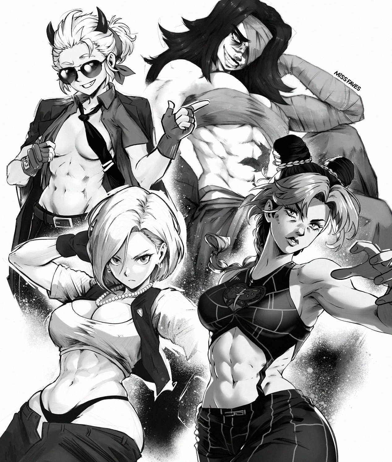 Black and white drawing of Justice from Helltaker, Boss from Dead Estate, Android 18 from Dragon Ball, and Jolyne Cujoh from Jojo's Bizarre Adventure 