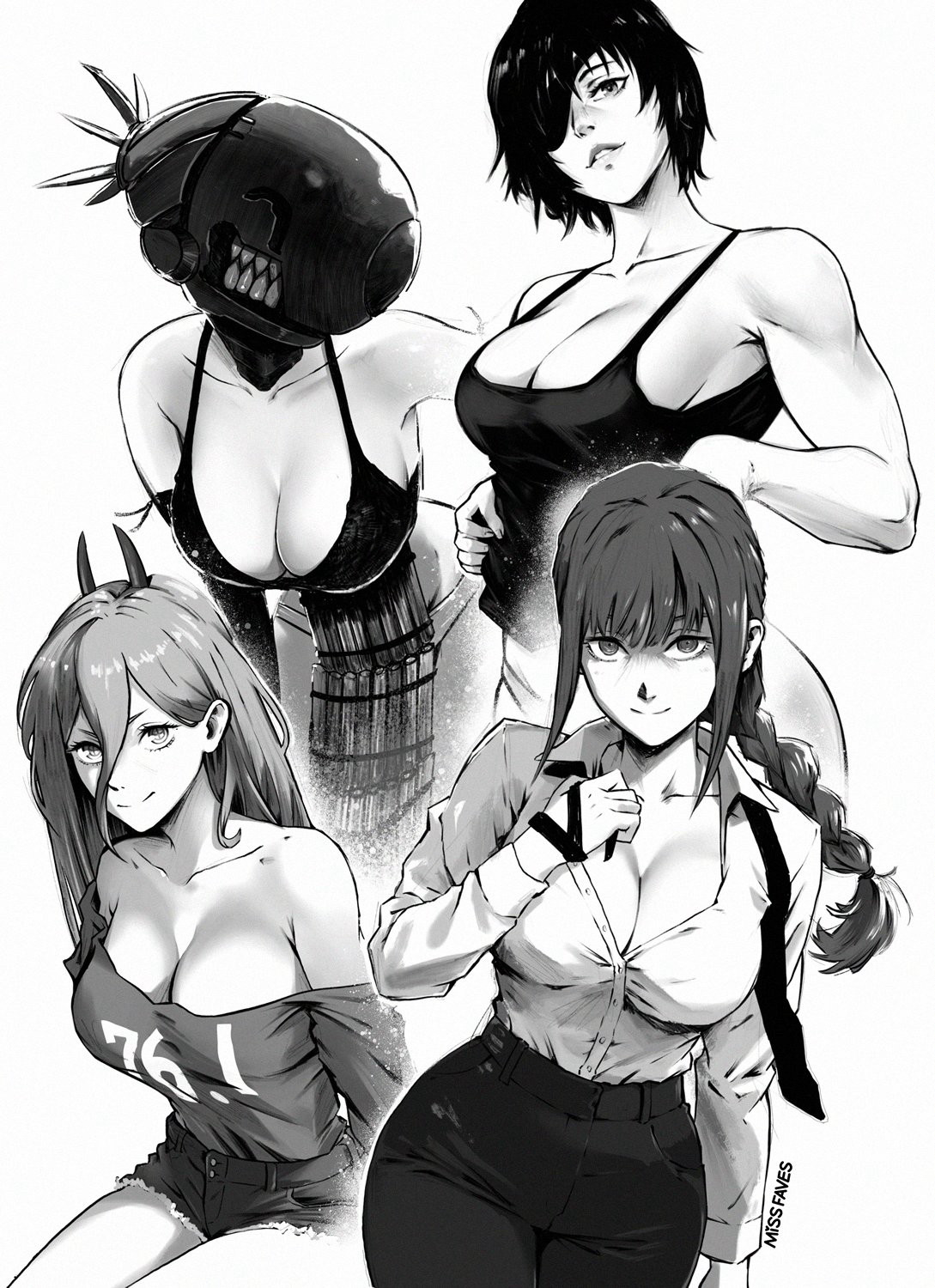 Black and white drawing of various women from Chainsaw Man depicting their curvy figure.  From top left to bottom right we have Reze, Himeno, Power, and Makima.  Power is obviously faking something