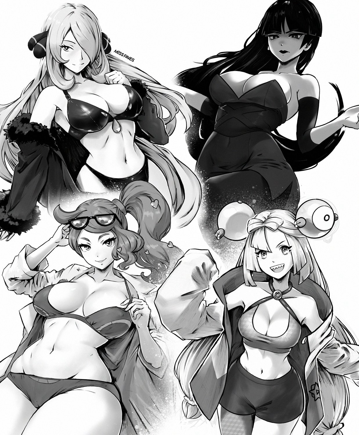 Black and white drawing of Cynthia, Sabrina, Sonia, and Iono from various Pokemon games