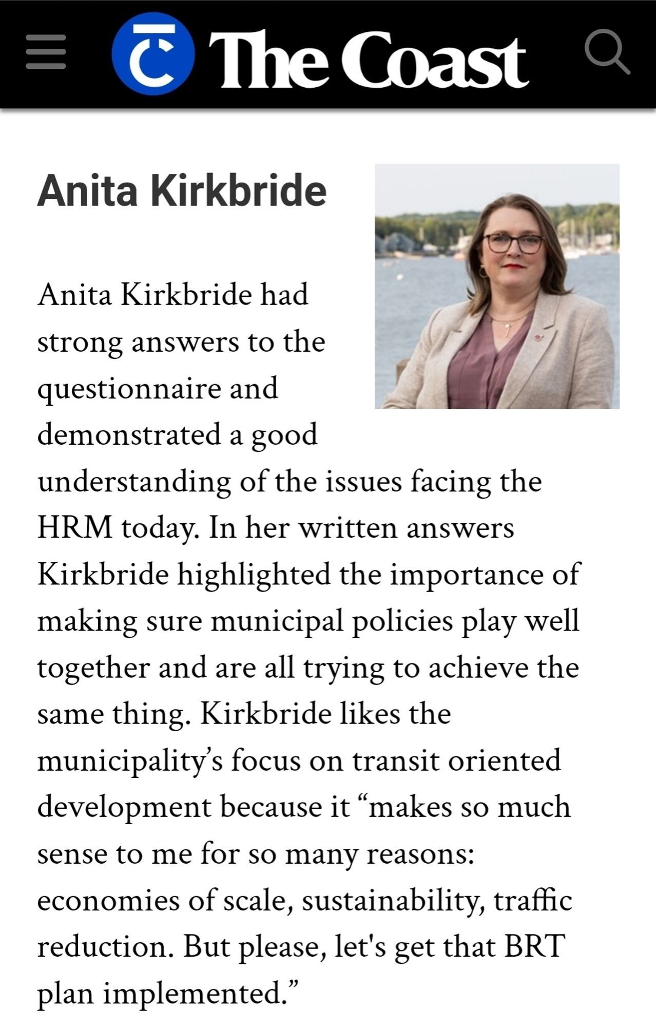 A screenshot of the article from The Coast. There is a black bar across the top with The Coast logo in white. On the right is a square headshot of Anita. The article says "Anita Kirkbride had strong answers to the questionnaire and demonstrated a good understanding of the issues facing the HRM.