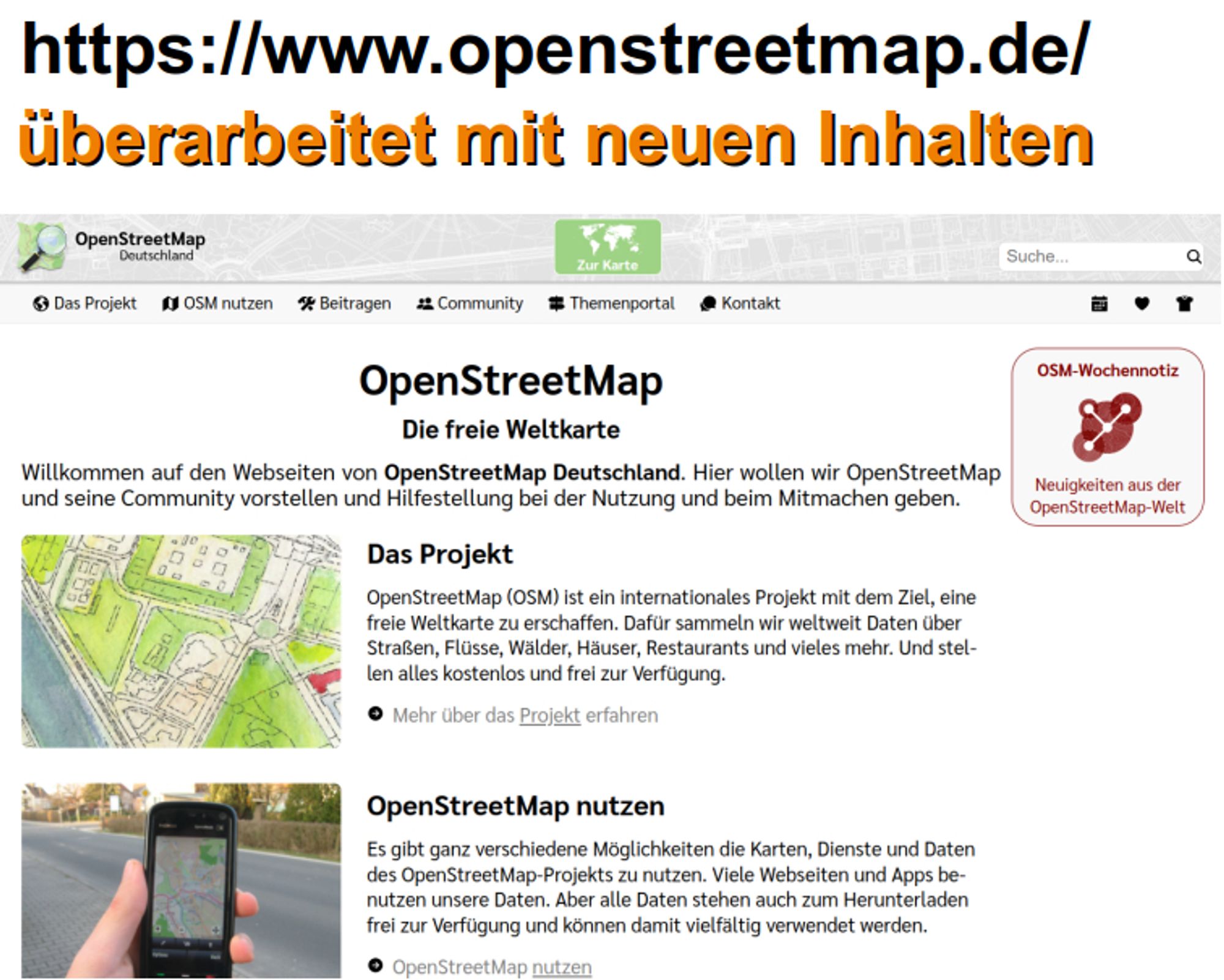 Bild zeigt die URL https://www.openstreetmap.de/, die Webseite ist komplett neu überarbeitet und zeigt einen Screenshot der Seite.