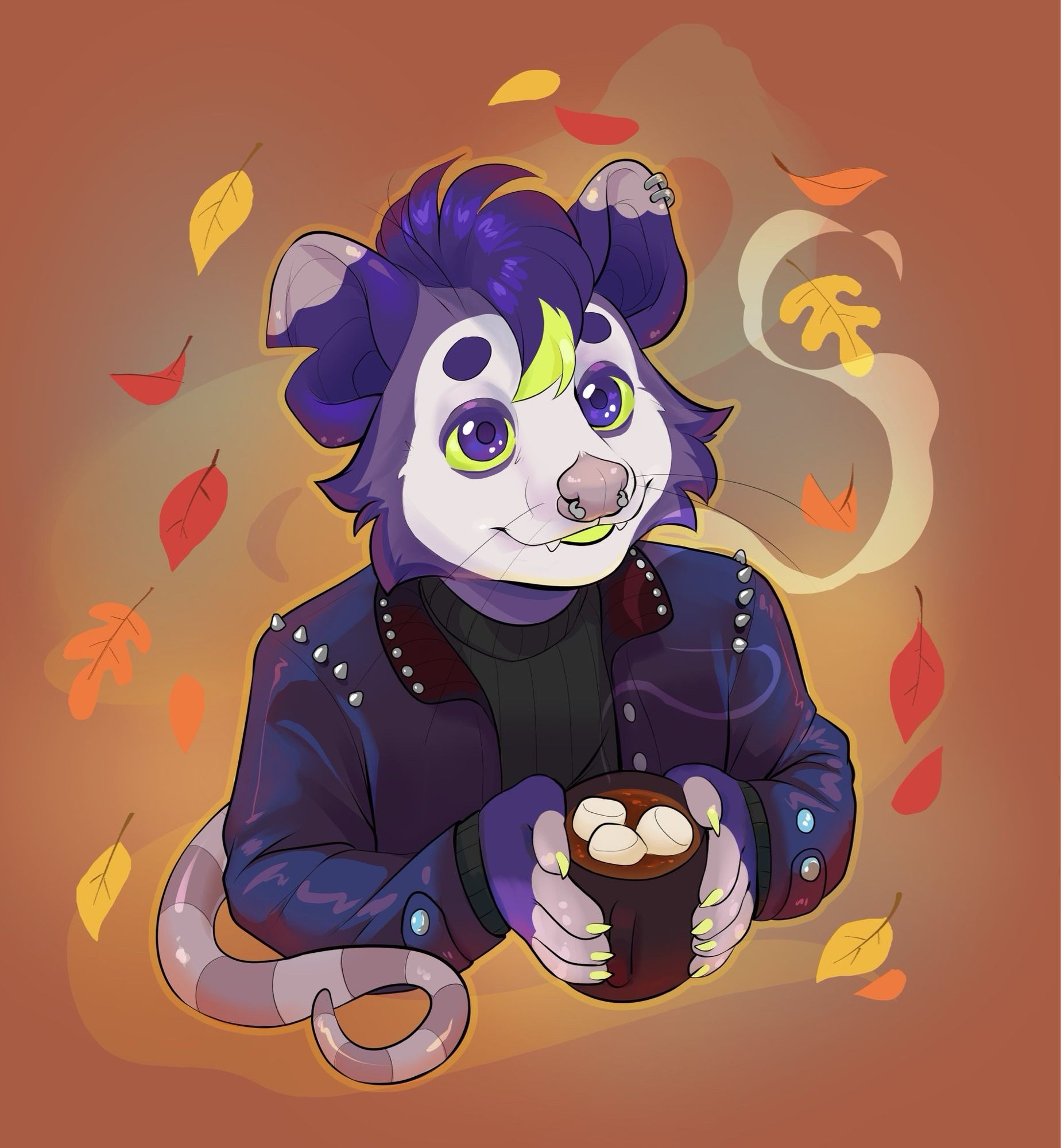 Digital art of a purple possum holding a mug of hot chocolate with marshmallows. Steam rises from the mug, and red, orange, and yellow leaves fall down around the scene.