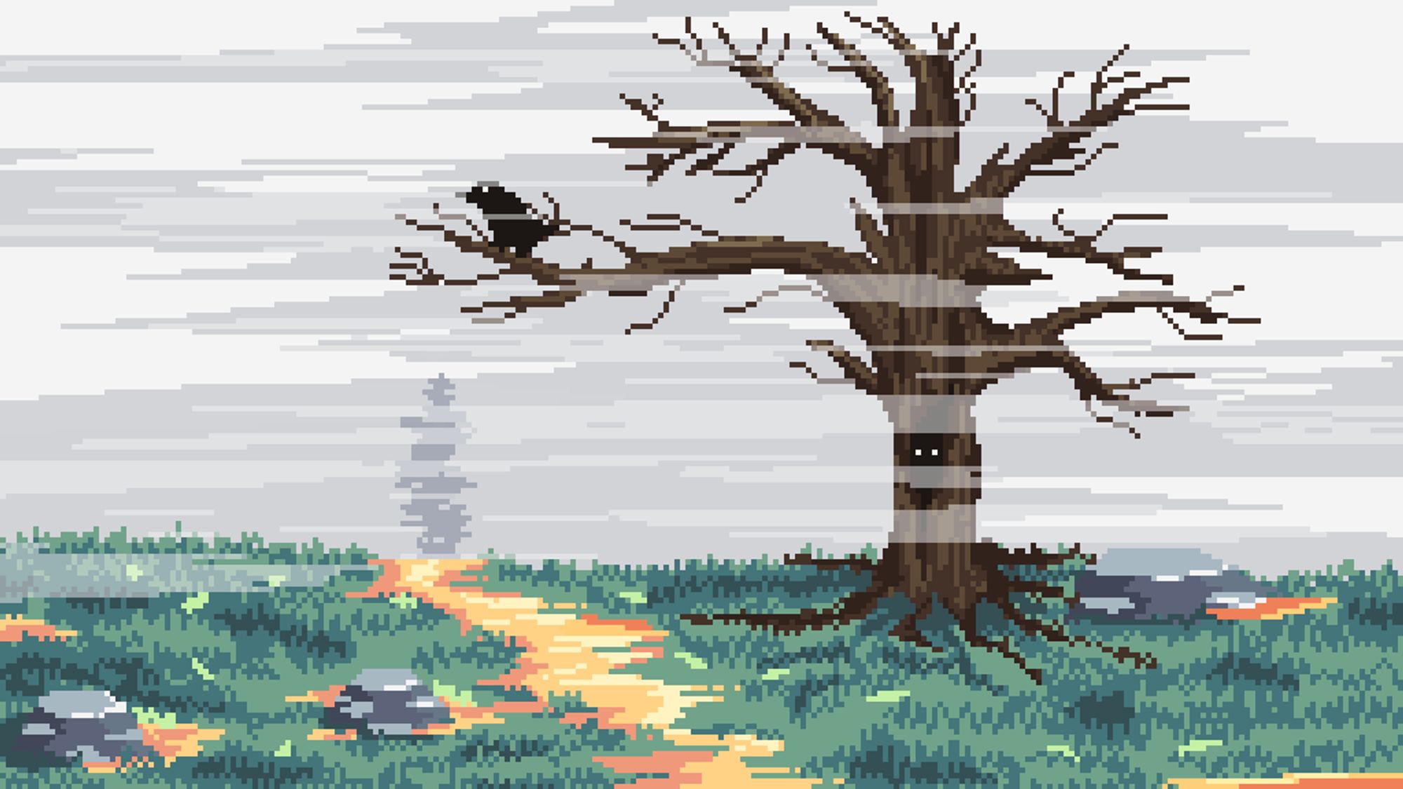 cenário feito em pixel art que retrata uma árvore seca com aspecto macabro e um caminho trilhado que leva de encontro a uma silhueta de uma pessoa, oculta por névoa