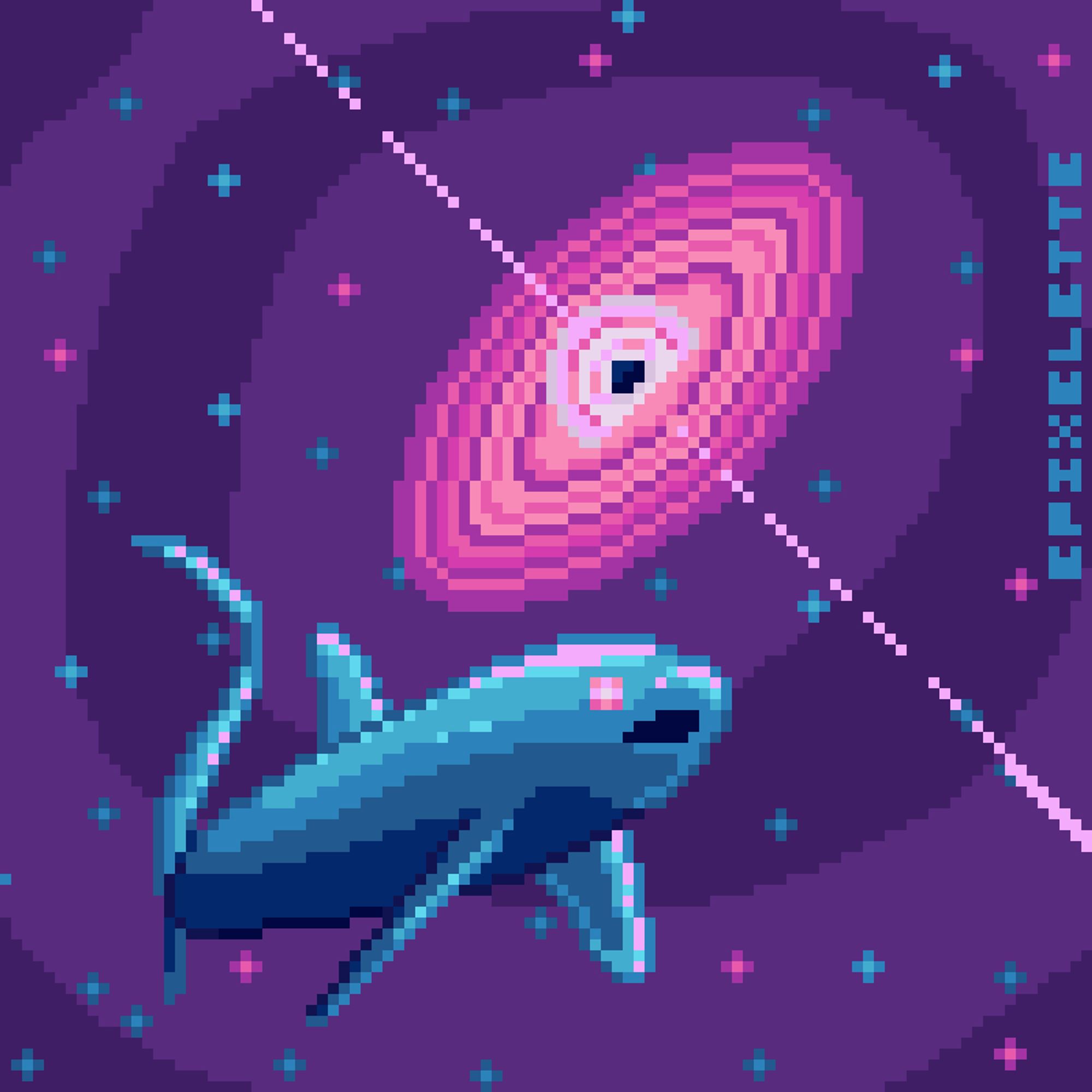 Pixel Art: Crystal thresher shark swimming near a pulsar star