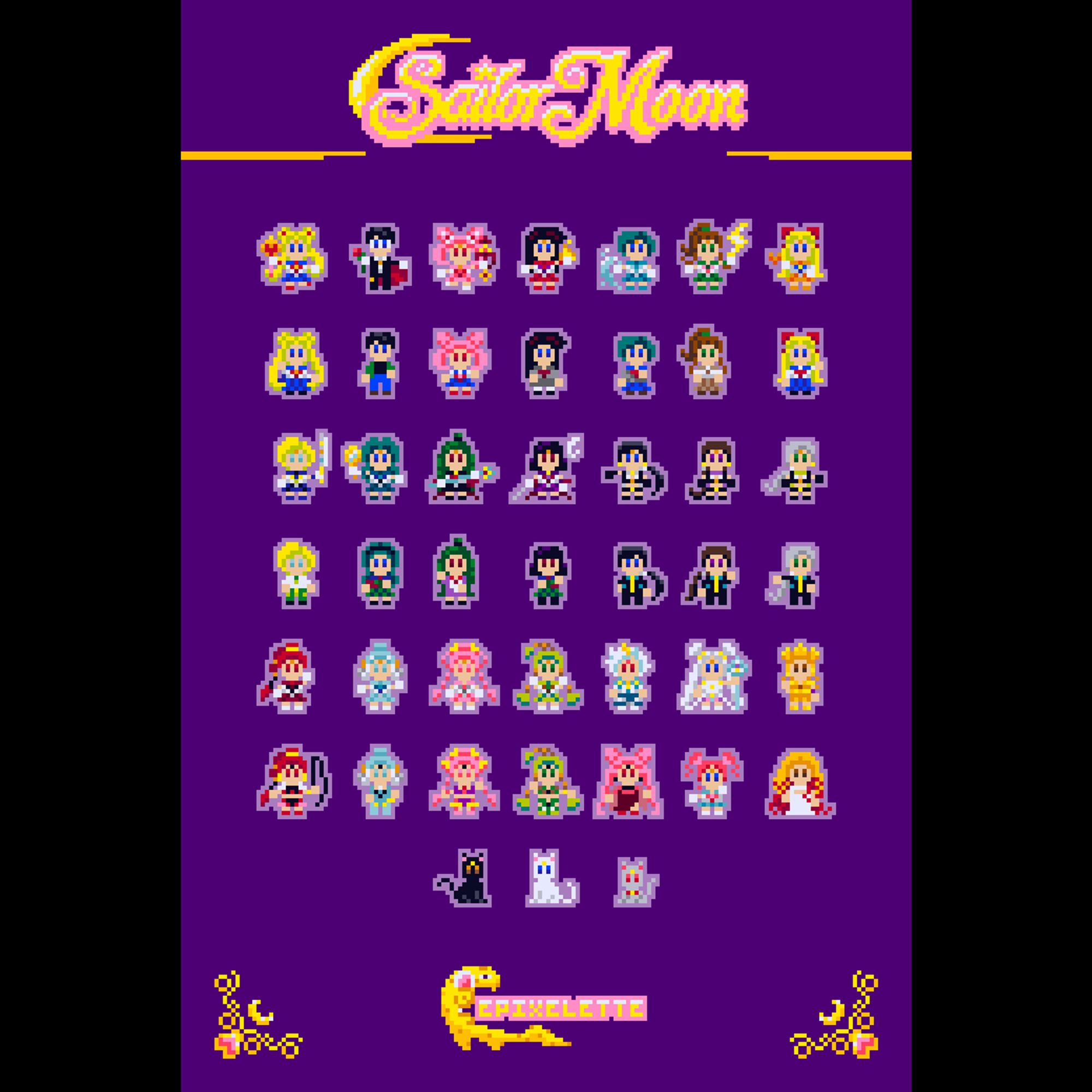 Pixel Art: Small Sailor Moon sprites on a purple background